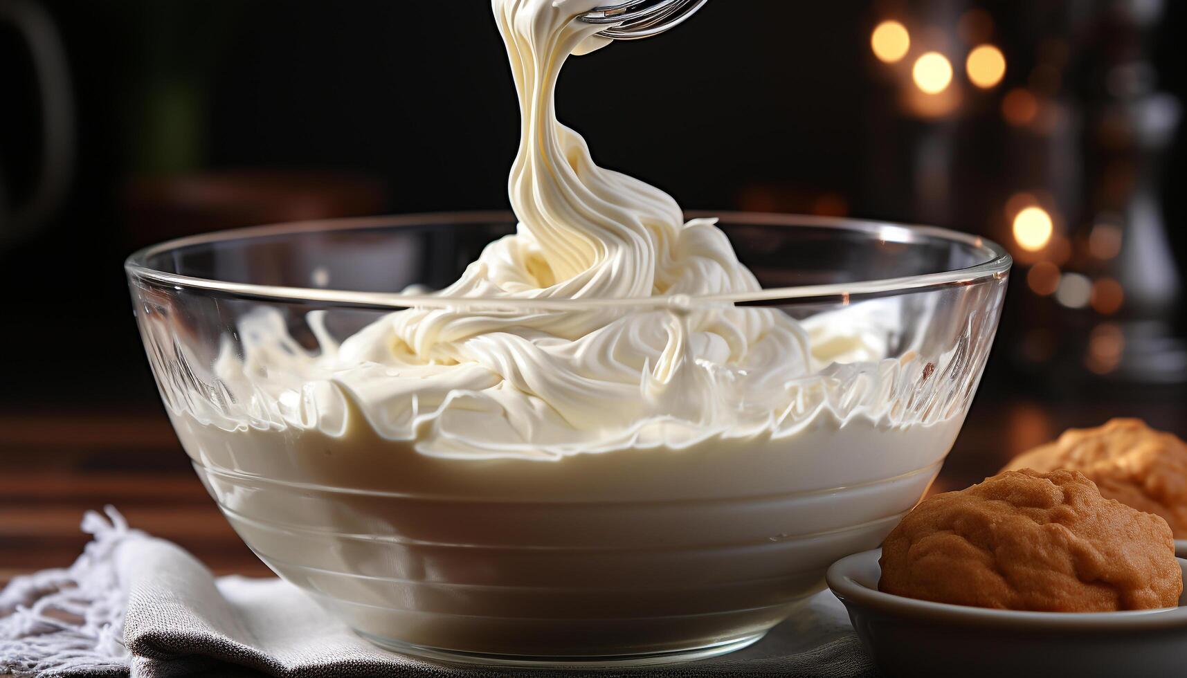 AI generated Homemade dessert mixing sweet chocolate dough on wooden table generated by AI photo