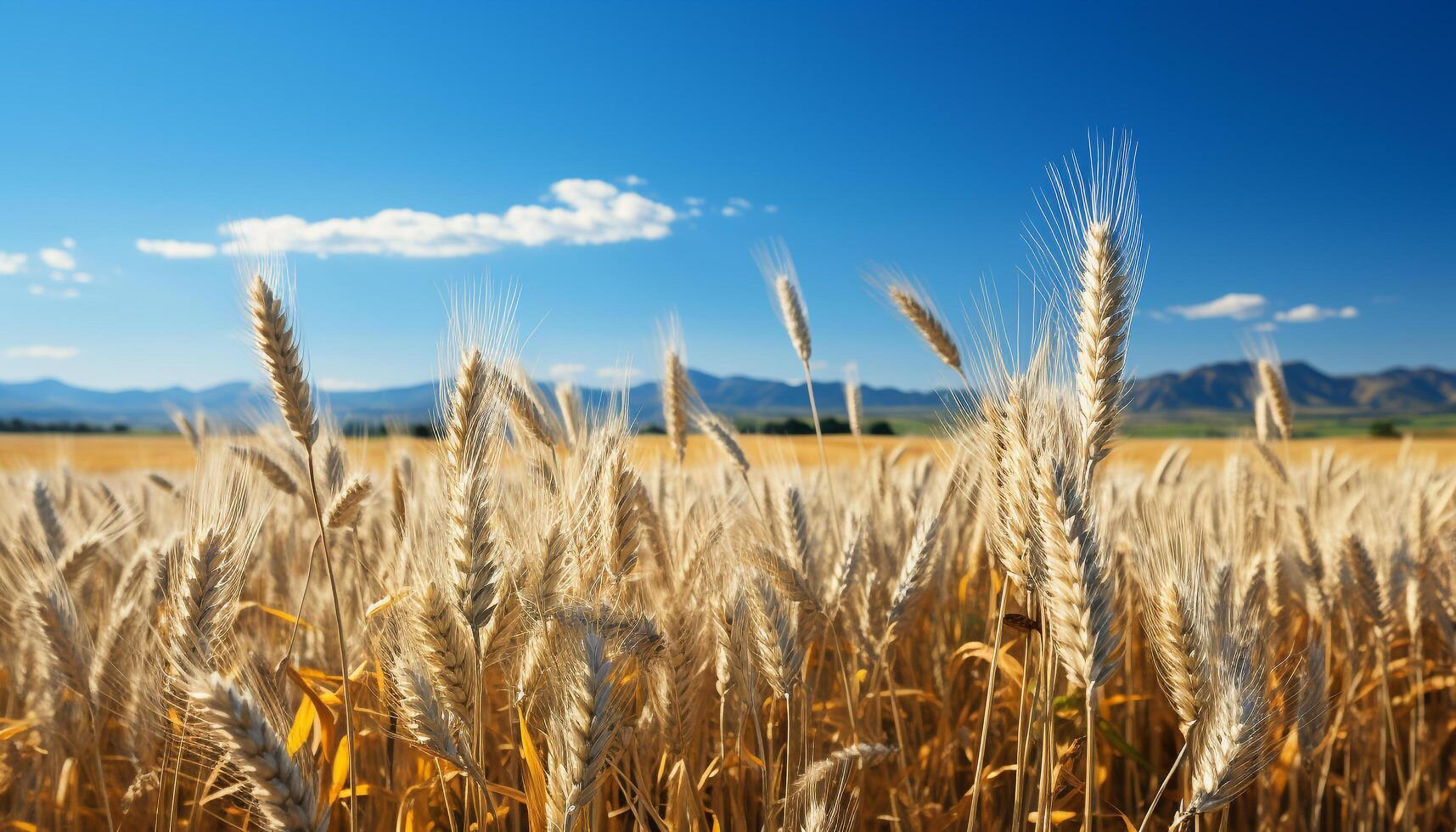 AI generated Rural scene wheat growth, yellow meadow, blue sky, vibrant sunset generated by AI photo