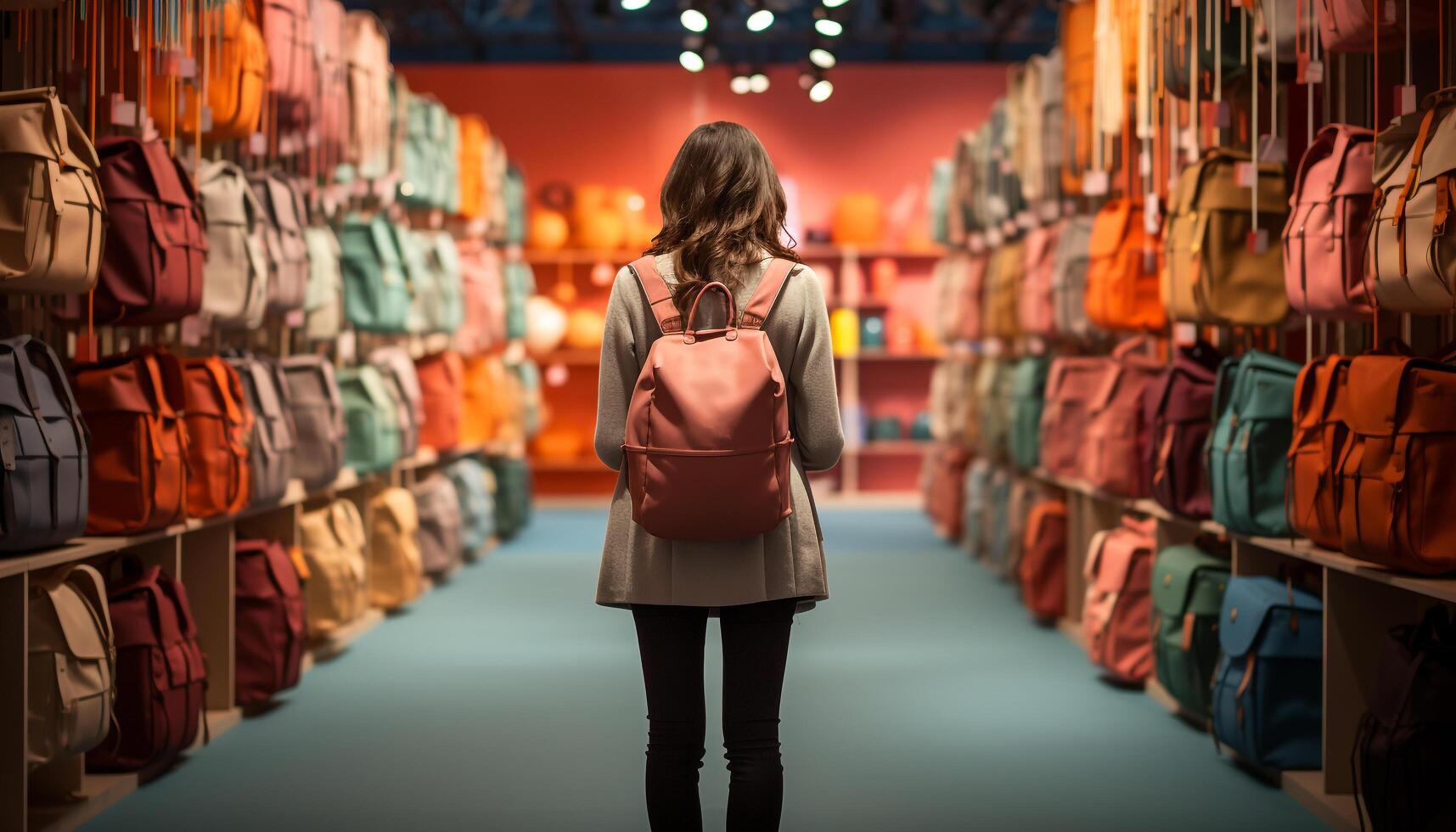 ai generado joven mujer elegir de moda mochila en Al por menor Tienda generado por ai foto