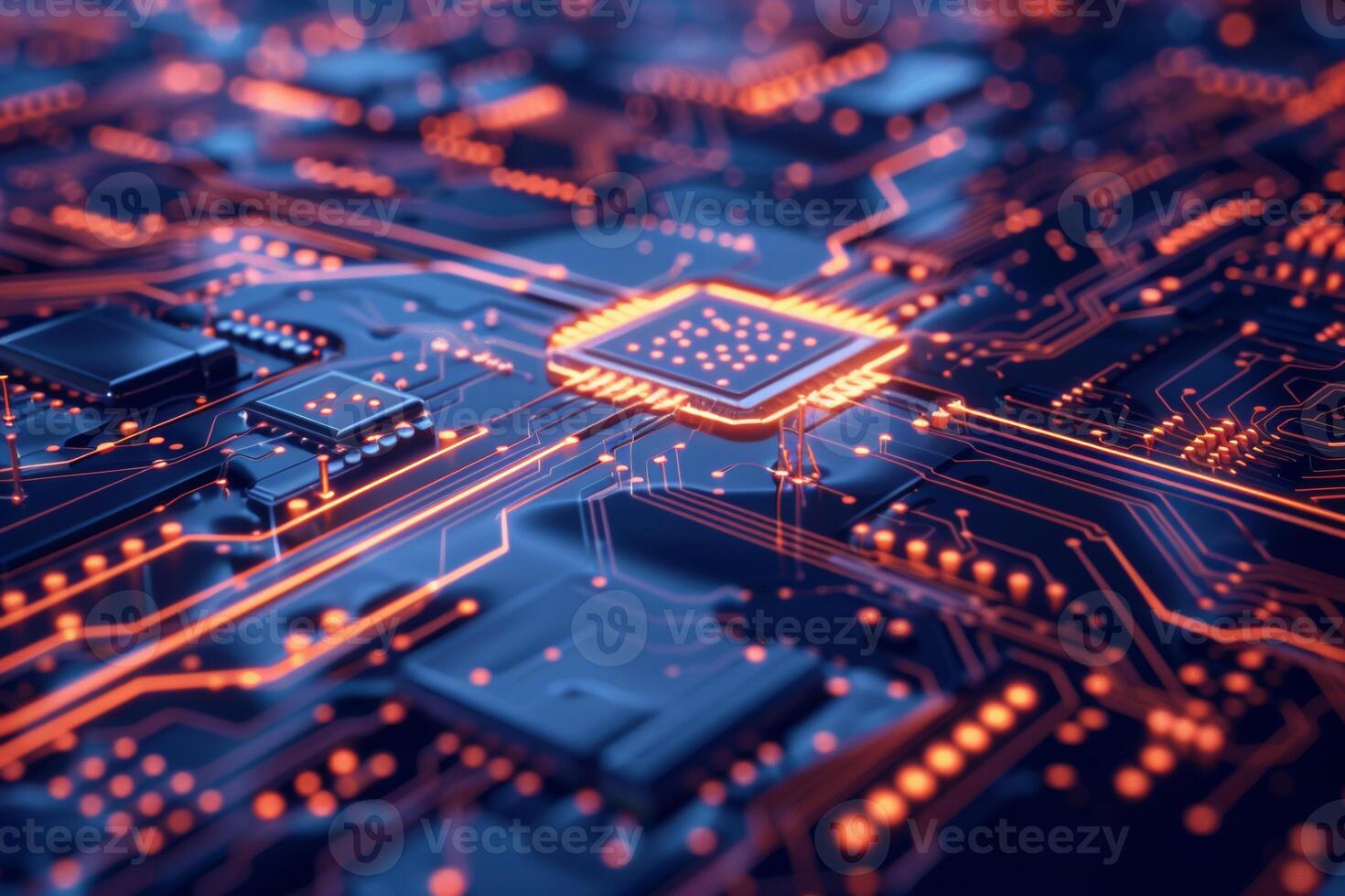 AI generated Blue High-Tech Circuitry Background with CPU Core photo
