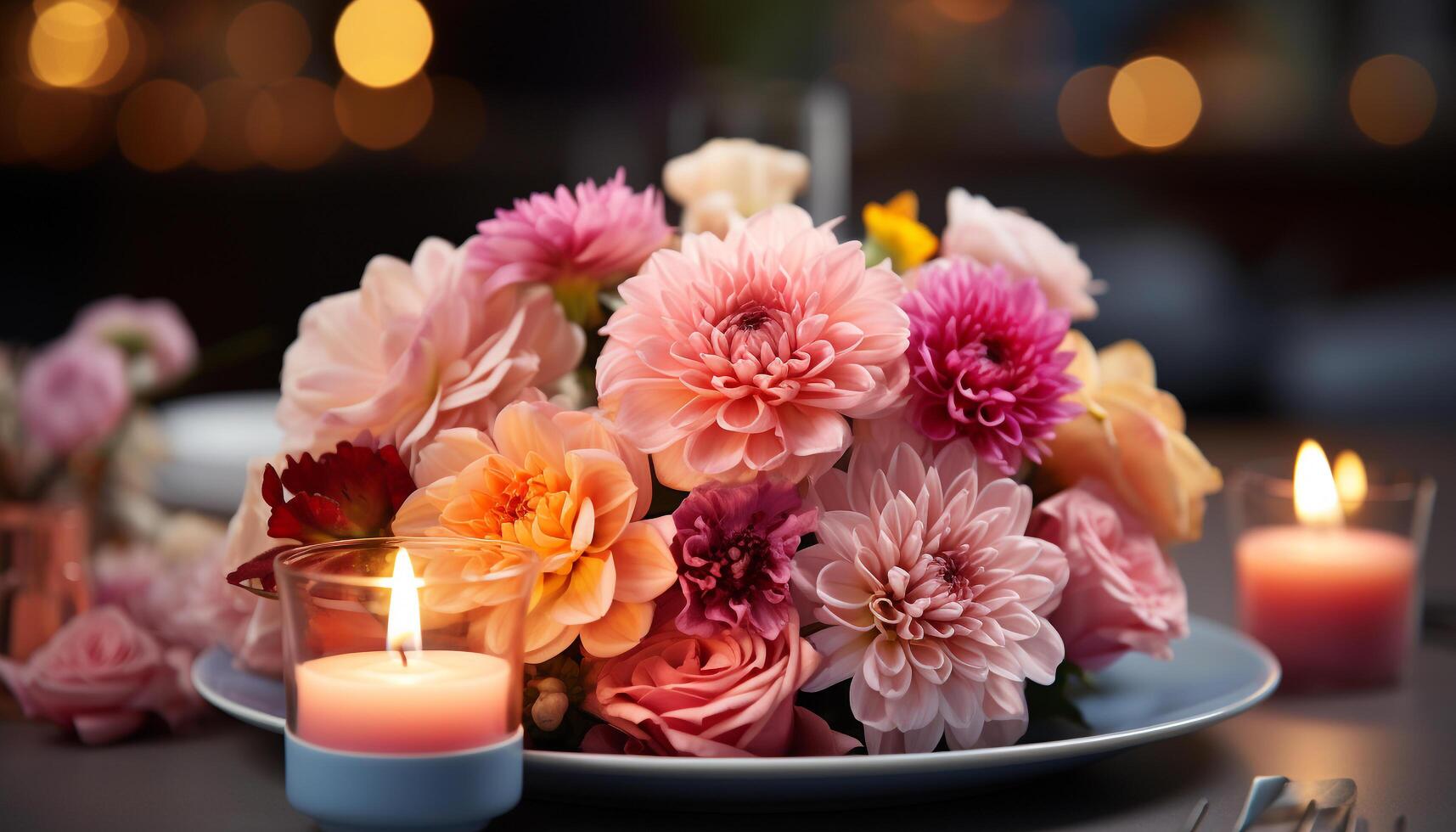 AI generated Romantic candlelight illuminates a table adorned with flower arrangement generated by AI photo