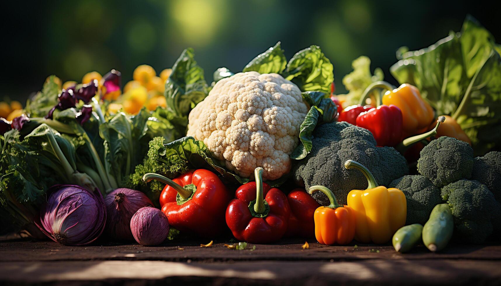 AI generated Freshness of organic vegetables cauliflower, tomato, broccoli, carrot, bell pepper generated by AI photo