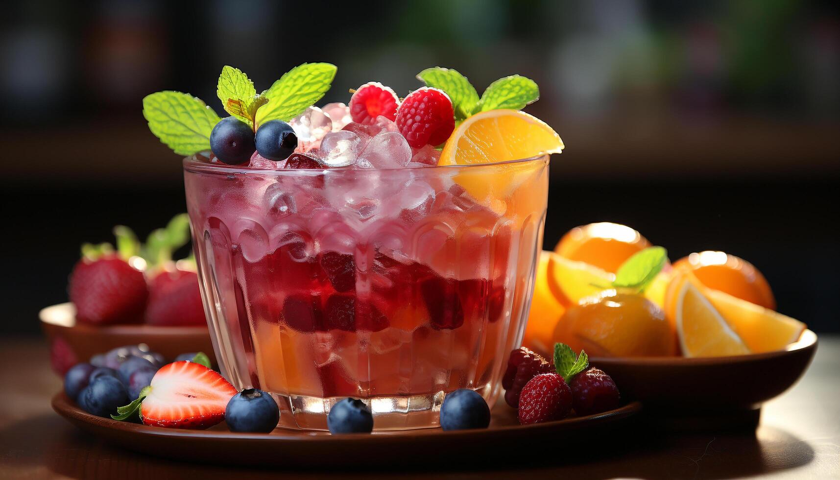 AI generated Freshness of summer berry fruit, ice, strawberry, raspberry generated by AI photo