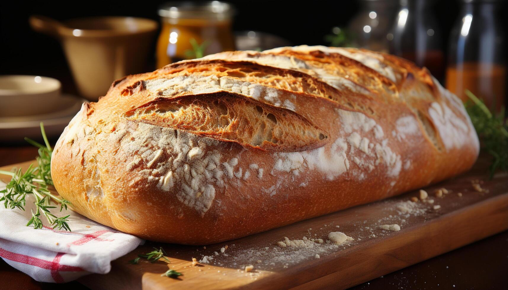 AI generated Freshly baked homemade bread on wooden table, ready to eat healthy meal generated by AI photo