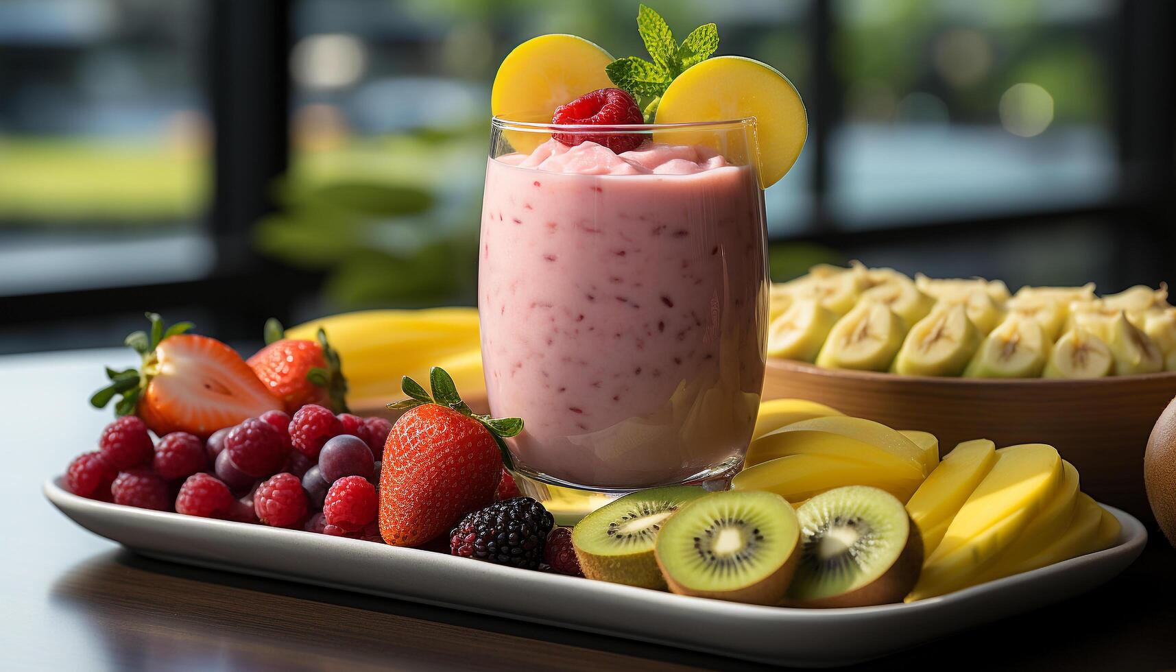 AI generated Freshness of summer fruit in healthy dessert cocktail on table generated by AI photo