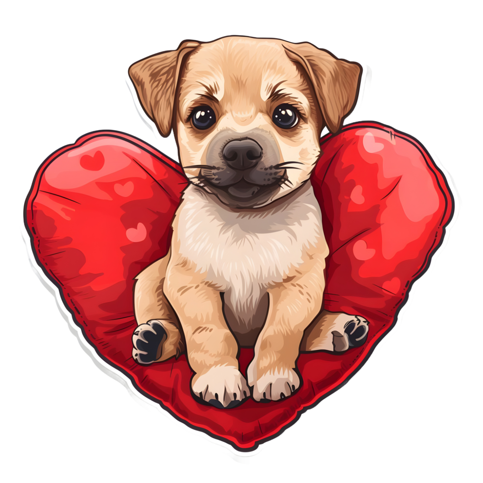 AI generated Valentine dog with Heart shape pillow sticker style on transparent background - Ai generated png