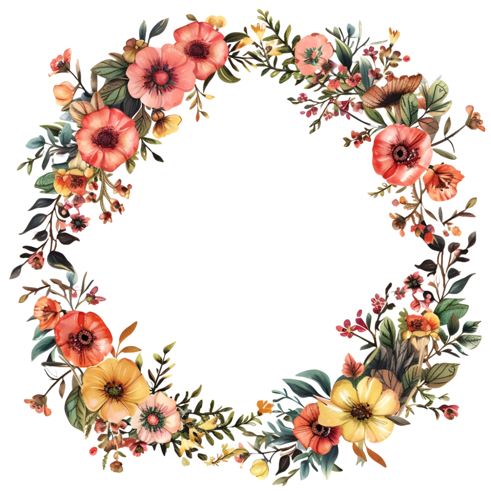 AI generated Boho round floral frame sticker style on transparent background - Ai generated png