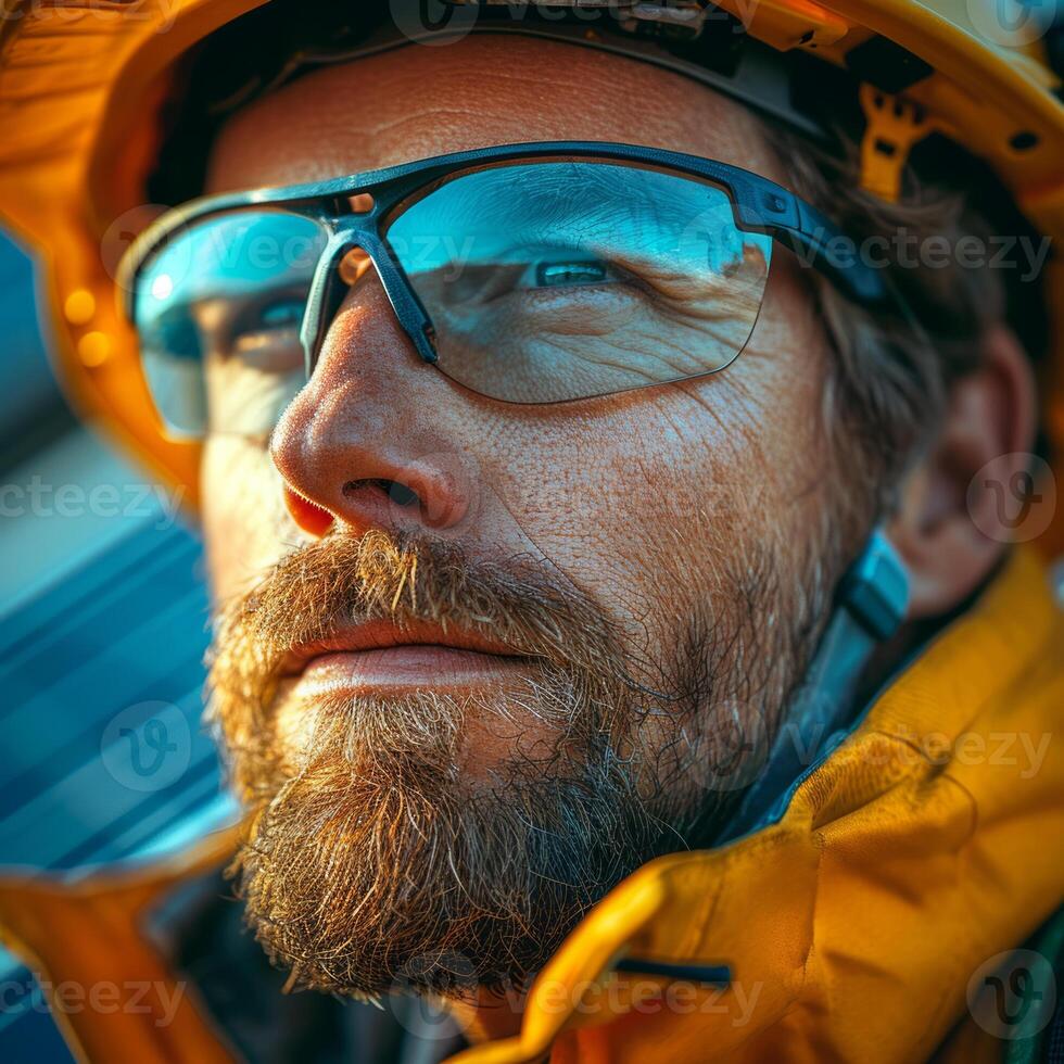 ai generado cerca arriba retrato de barbado hombre en amarillo chaqueta y casco. solar tecnología ayuda proteger de los trabajadores ojos foto