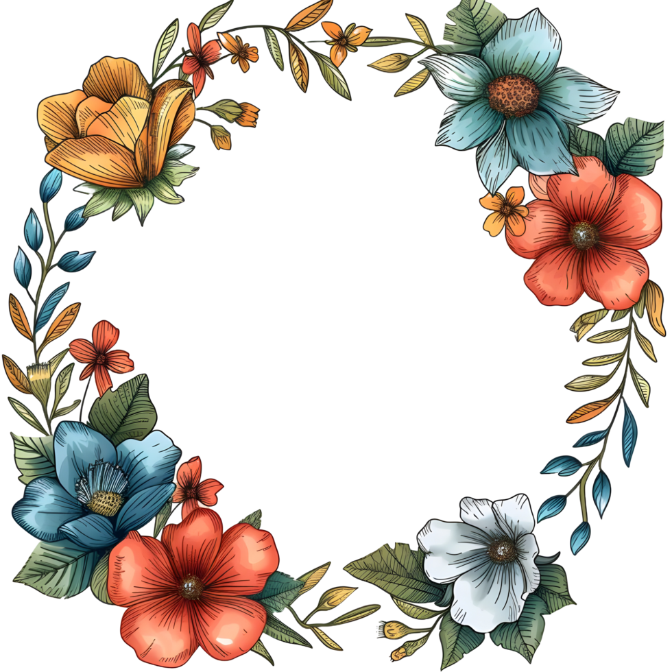 AI generated Boho round floral frame sticker style on transparent background - Ai generated png