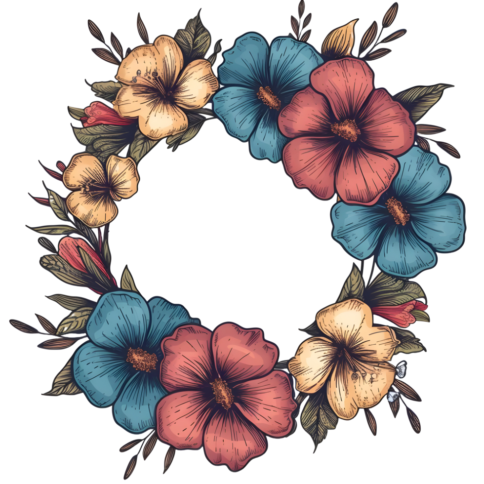 AI generated Boho round floral frame sticker style on transparent background - Ai generated png