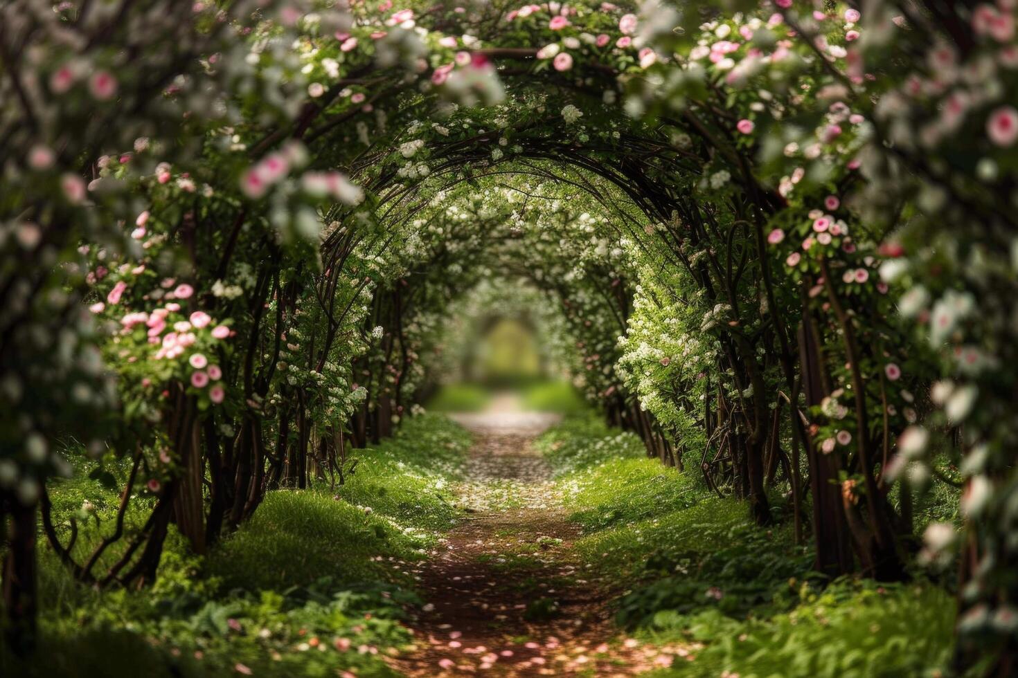 ai generado encantado flor arco camino en florecer foto