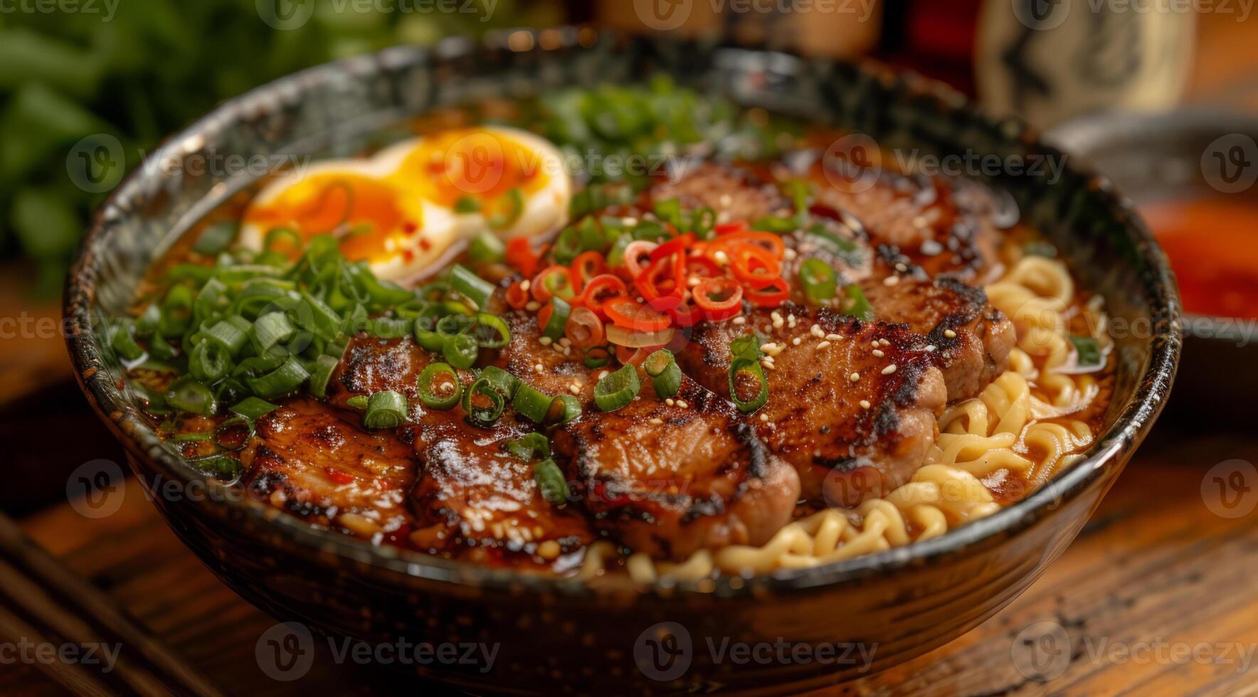 AI generated Bowl of ramen with pork belly egg and green onions. Bowl of noodle for eating with a bowl of meat photo