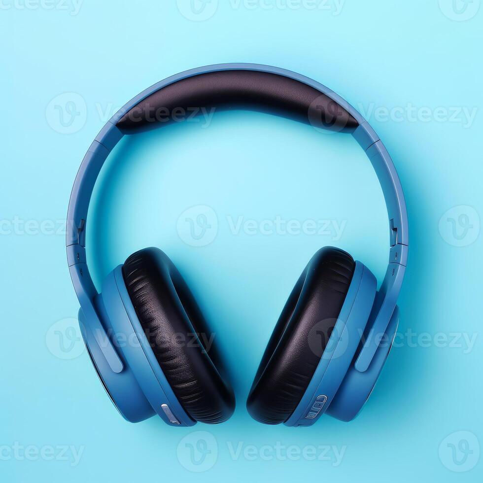 AI generated Blue headphones on blue background photo