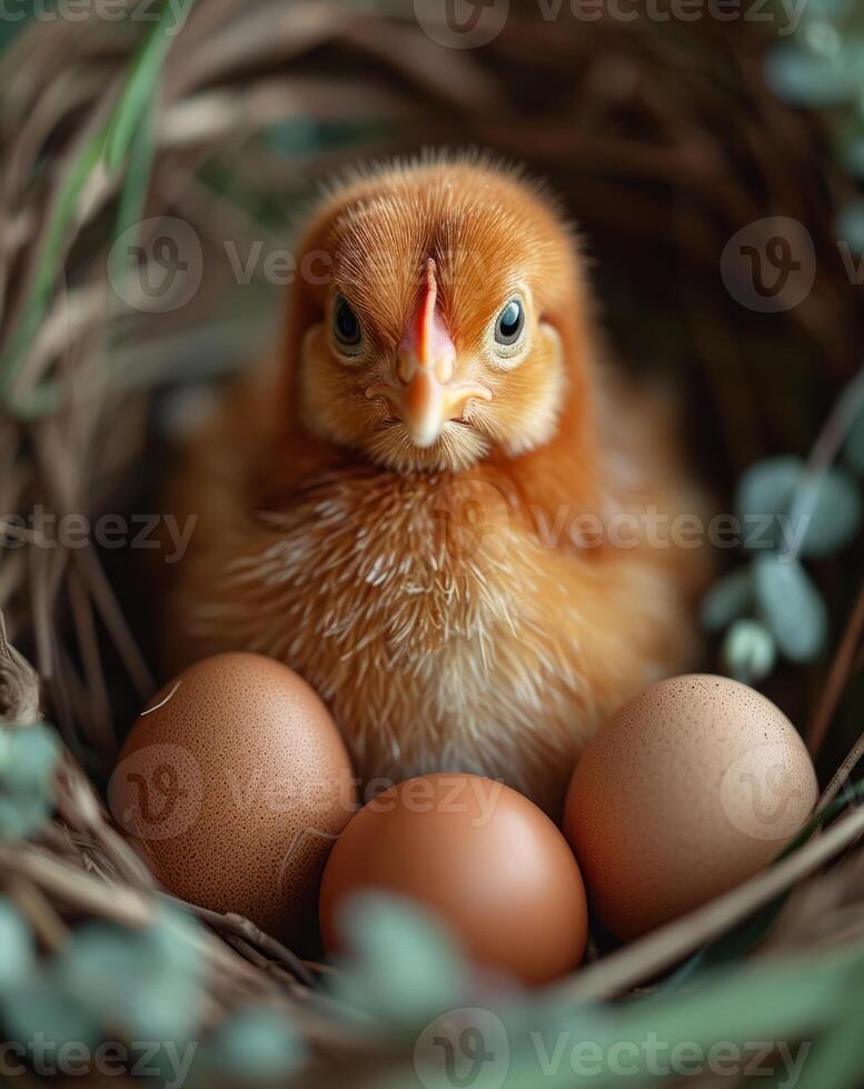 ai generado pollos en un cesta con huevos. un bebé pollo se sienta contentamente en un nido, rodeado por dos huevos. foto
