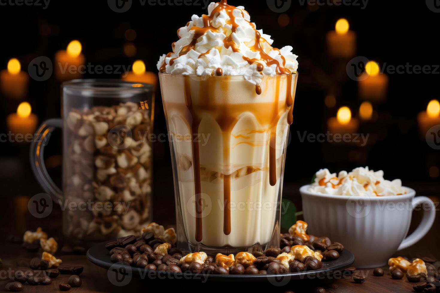 AI generated Sweet milkshake with caramel syrup, cream liqueur, caramel popcorn and chocolate powder on a brown background with a vintage coffee grinder. photo