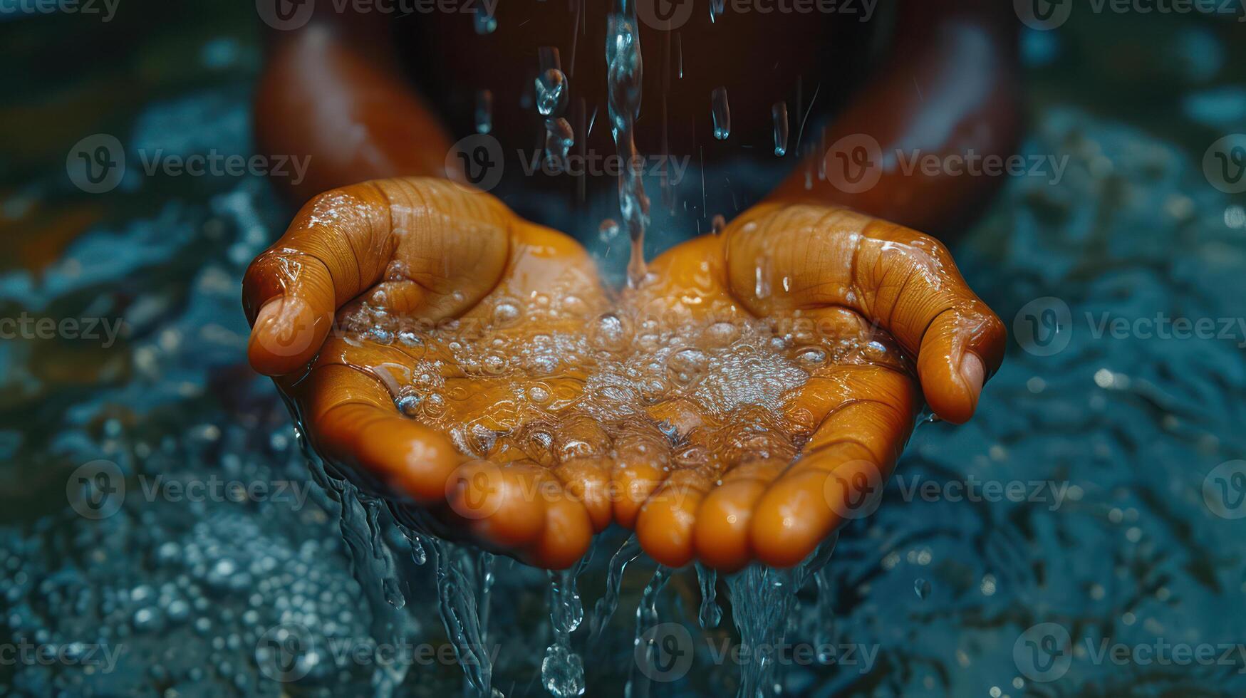 AI generated child extends his hands toward a faucet of clean water, the concept photo