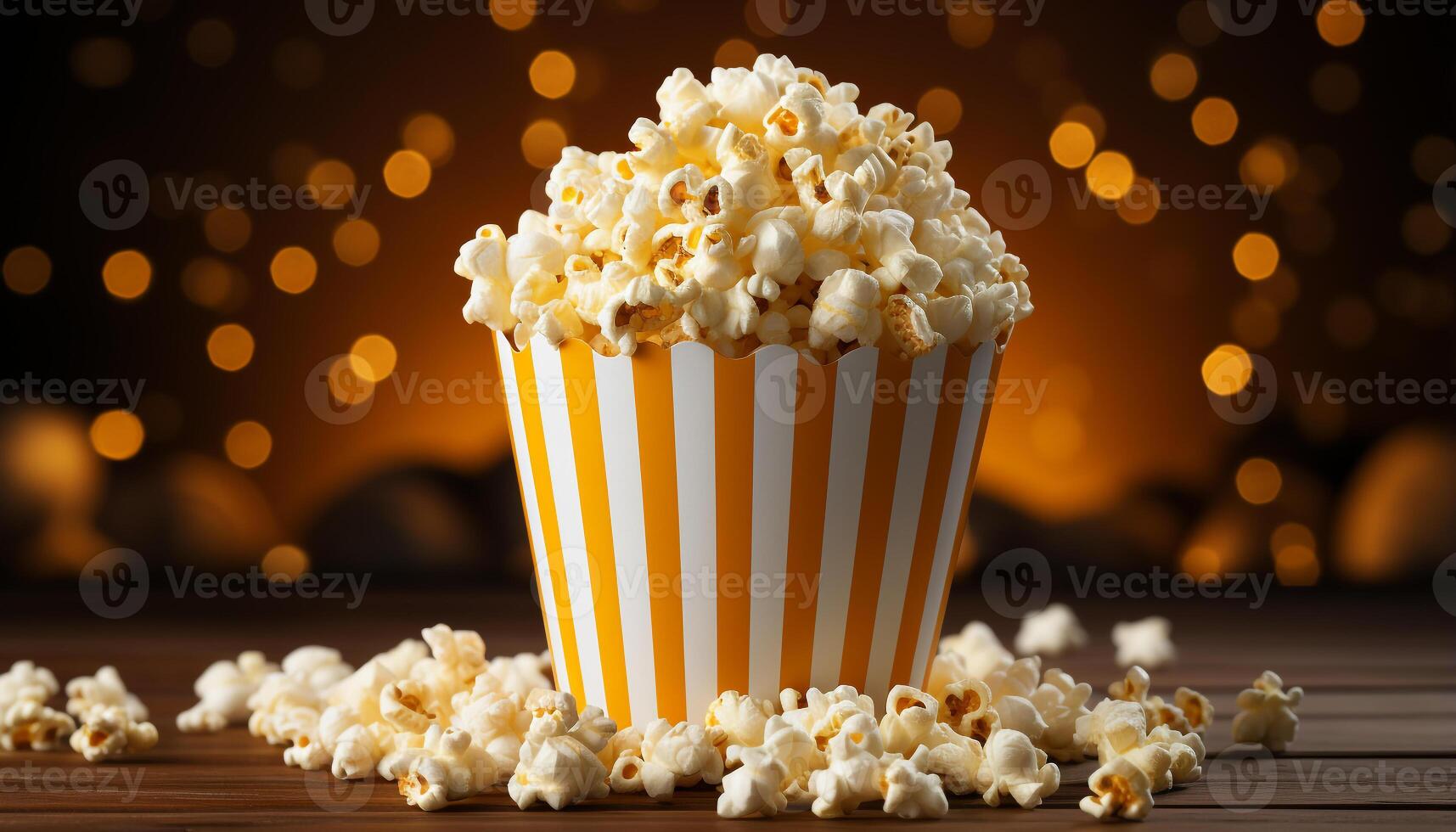 AI generated Freshness in a bowl, watching movie, striped popcorn bucket generated by AI photo