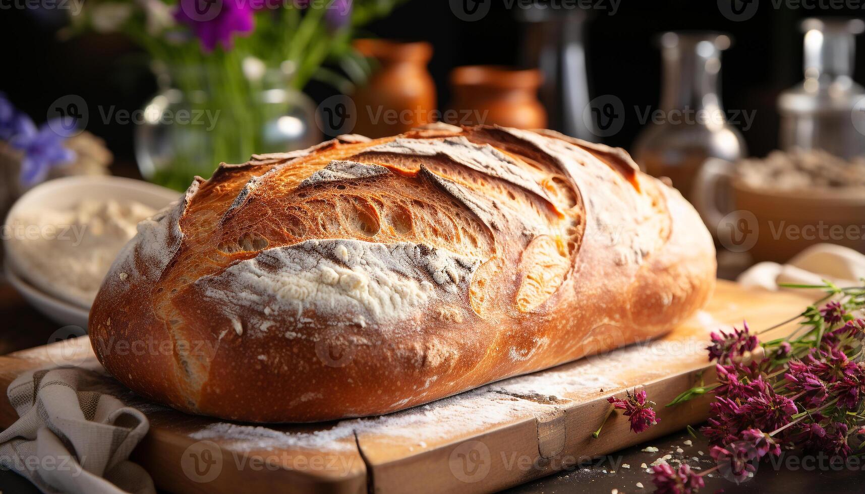 AI generated Freshly baked homemade ciabatta on rustic wooden table generated by AI photo