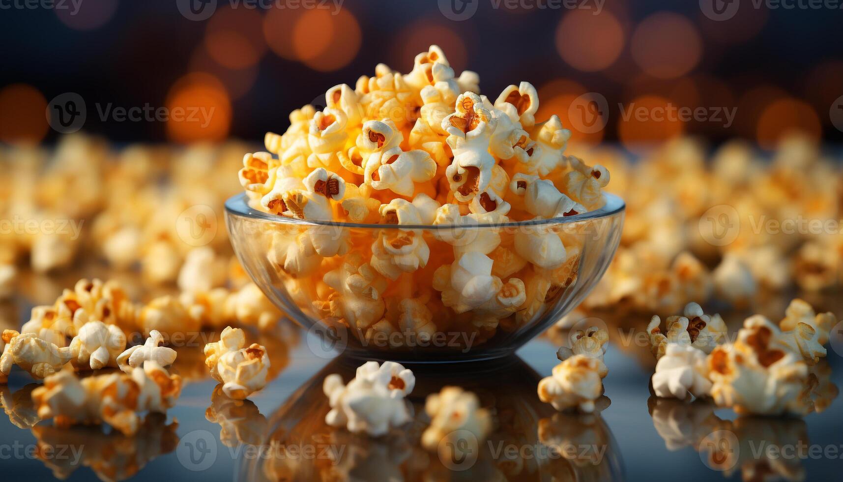 AI generated Fresh popcorn in yellow bowl, perfect movie theater snack generated by AI photo