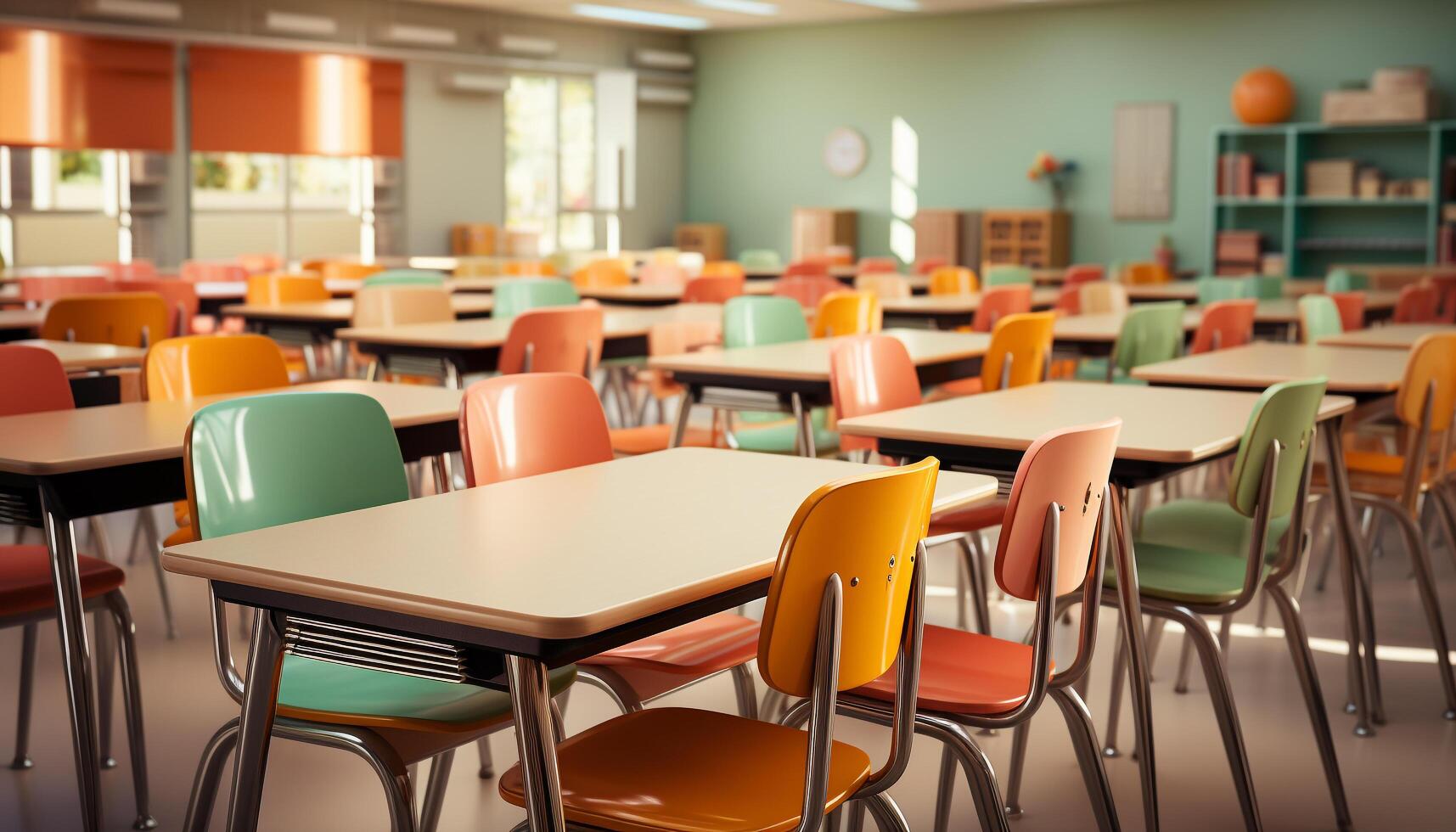 AI generated Empty classroom with desks and chairs, ready for learning generated by AI photo