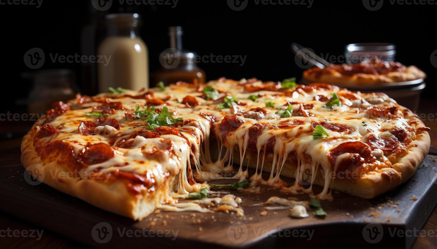 AI generated Freshly baked homemade pizza on rustic wooden table generated by AI photo