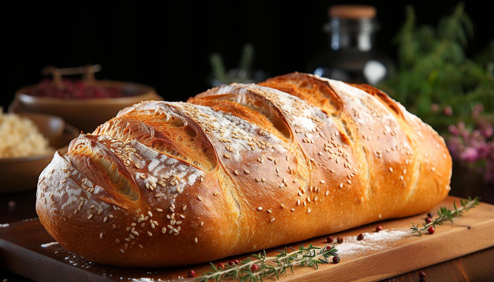 AI generated Freshly baked homemade bread on rustic wooden table generated by AI photo