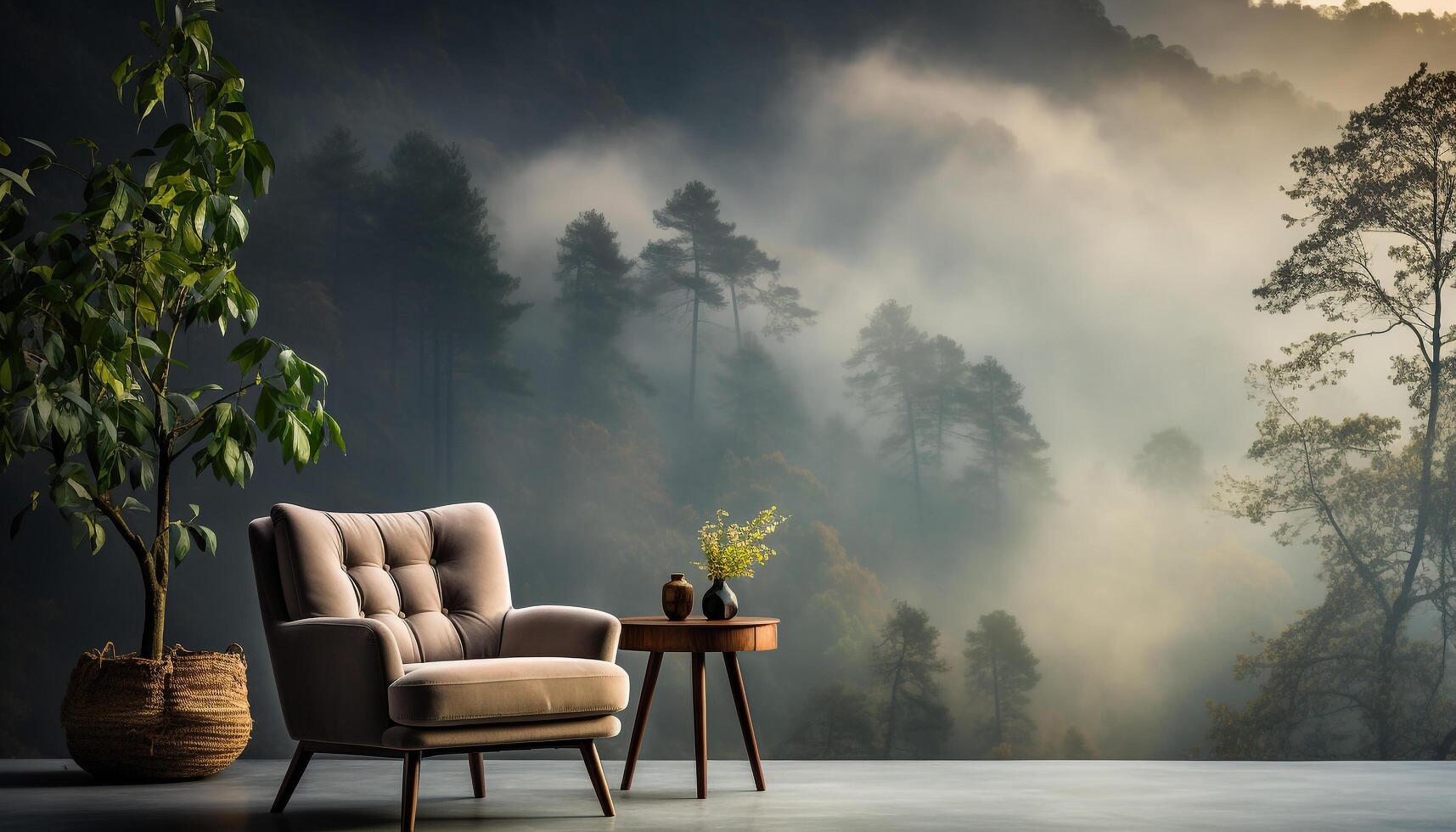 AI generated Tranquil forest landscape, sitting on modern chair indoors generated by AI photo