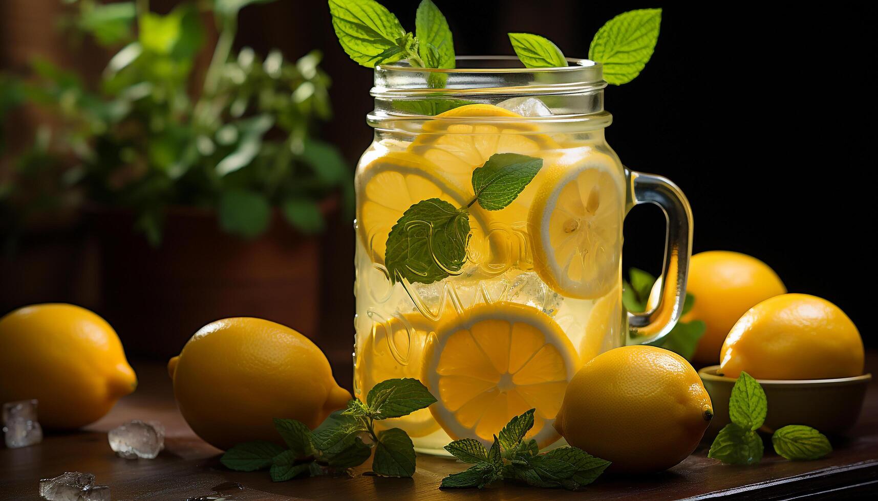 ai generado Fresco limonada con menta hoja, servido en de madera mesa generado por ai foto