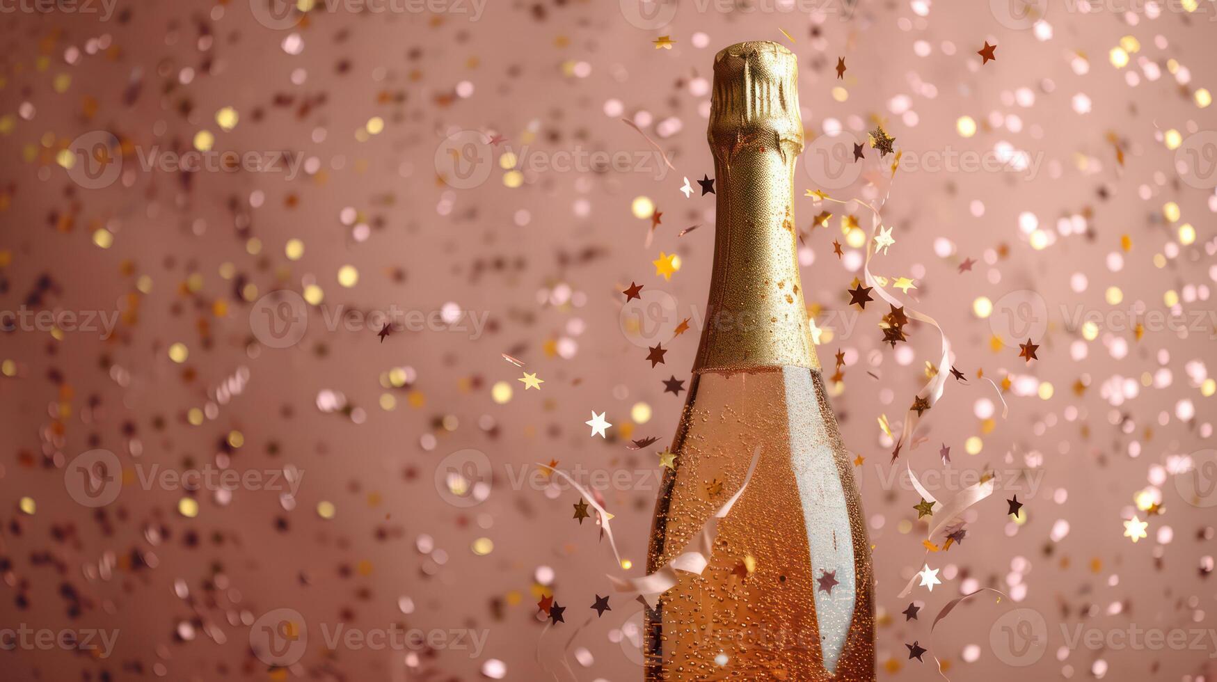 AI generated Celebration background with golden champagne bottles confetti stars and rainbow party copy image area photo