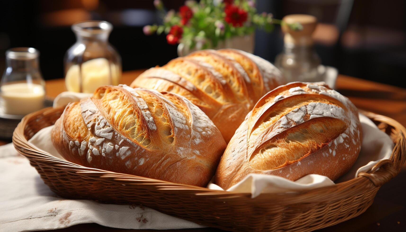 AI generated Freshly baked bread in rustic basket on wooden table generated by AI photo