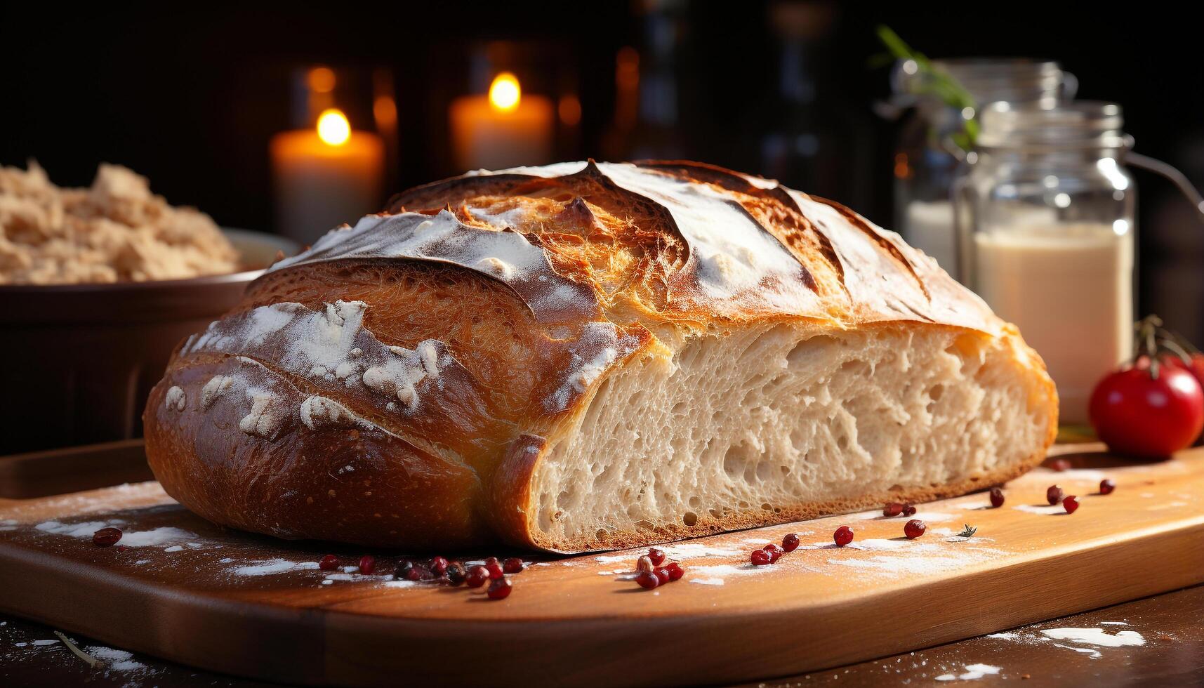 AI generated Freshly baked bread on wooden table, a homemade gourmet delight generated by AI photo