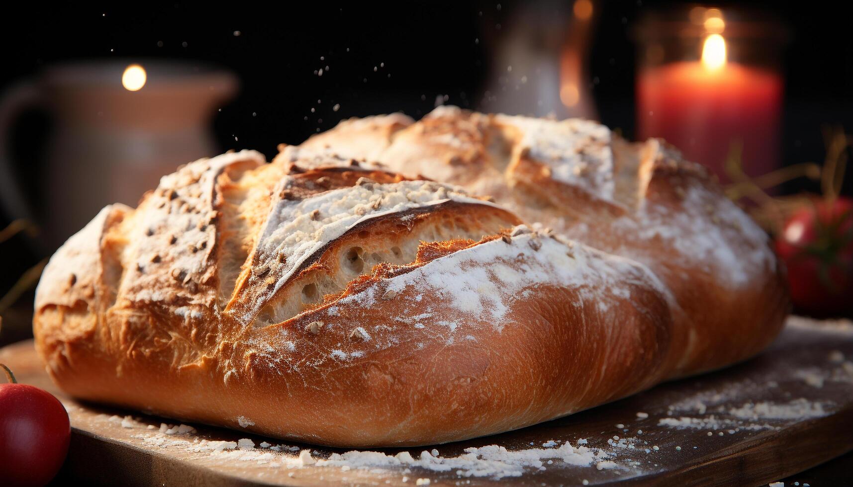 AI generated Freshly baked bread on wooden table, homemade and delicious generated by AI photo