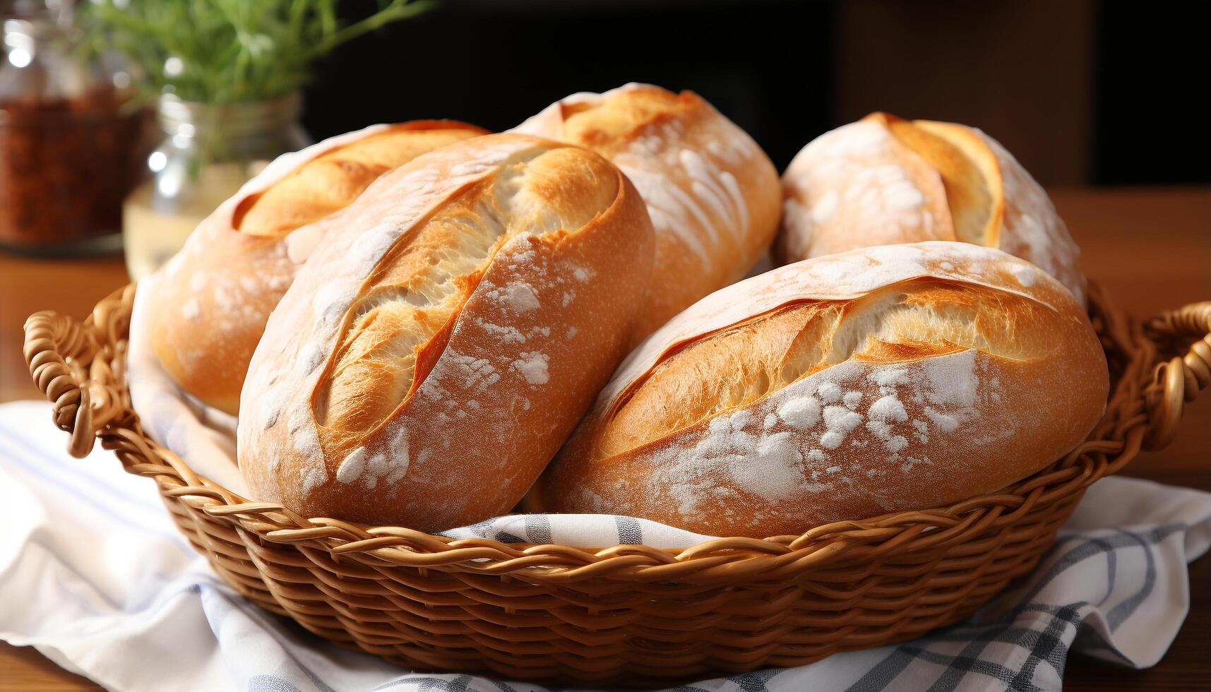 AI generated Freshly baked homemade bread on rustic wooden table generated by AI photo