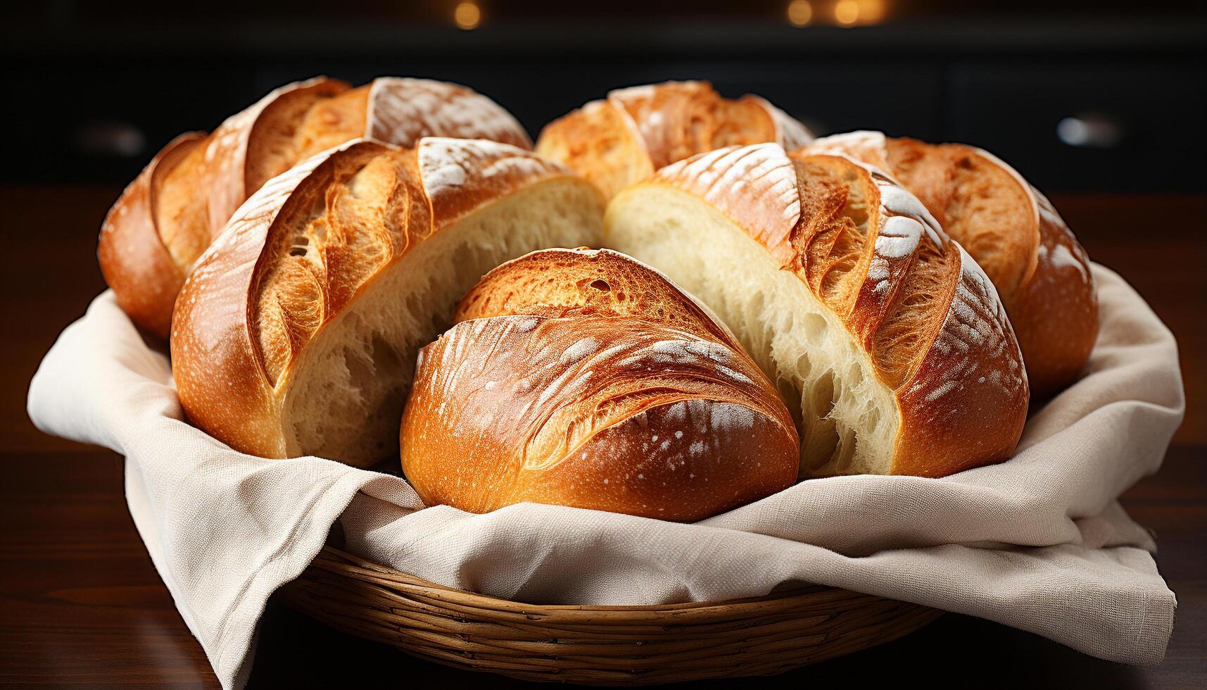 AI generated Freshly baked baguette on wooden table, a gourmet delight generated by AI photo