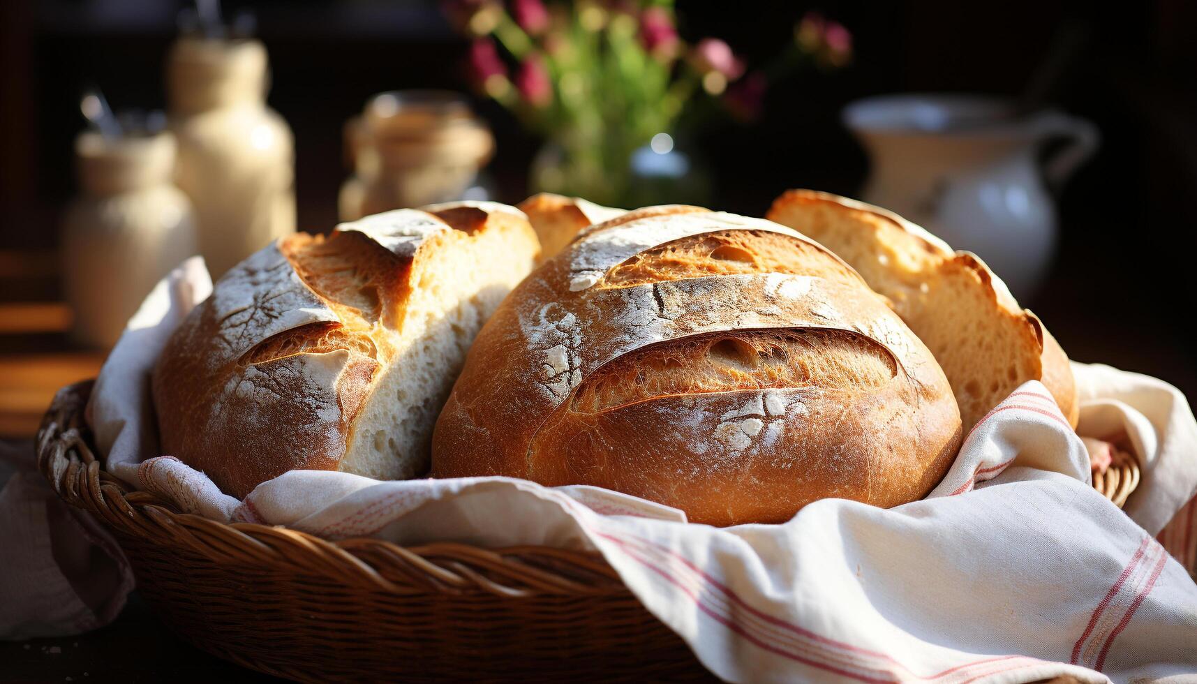 AI generated Freshly baked bread in a rustic basket, a healthy meal generated by AI photo