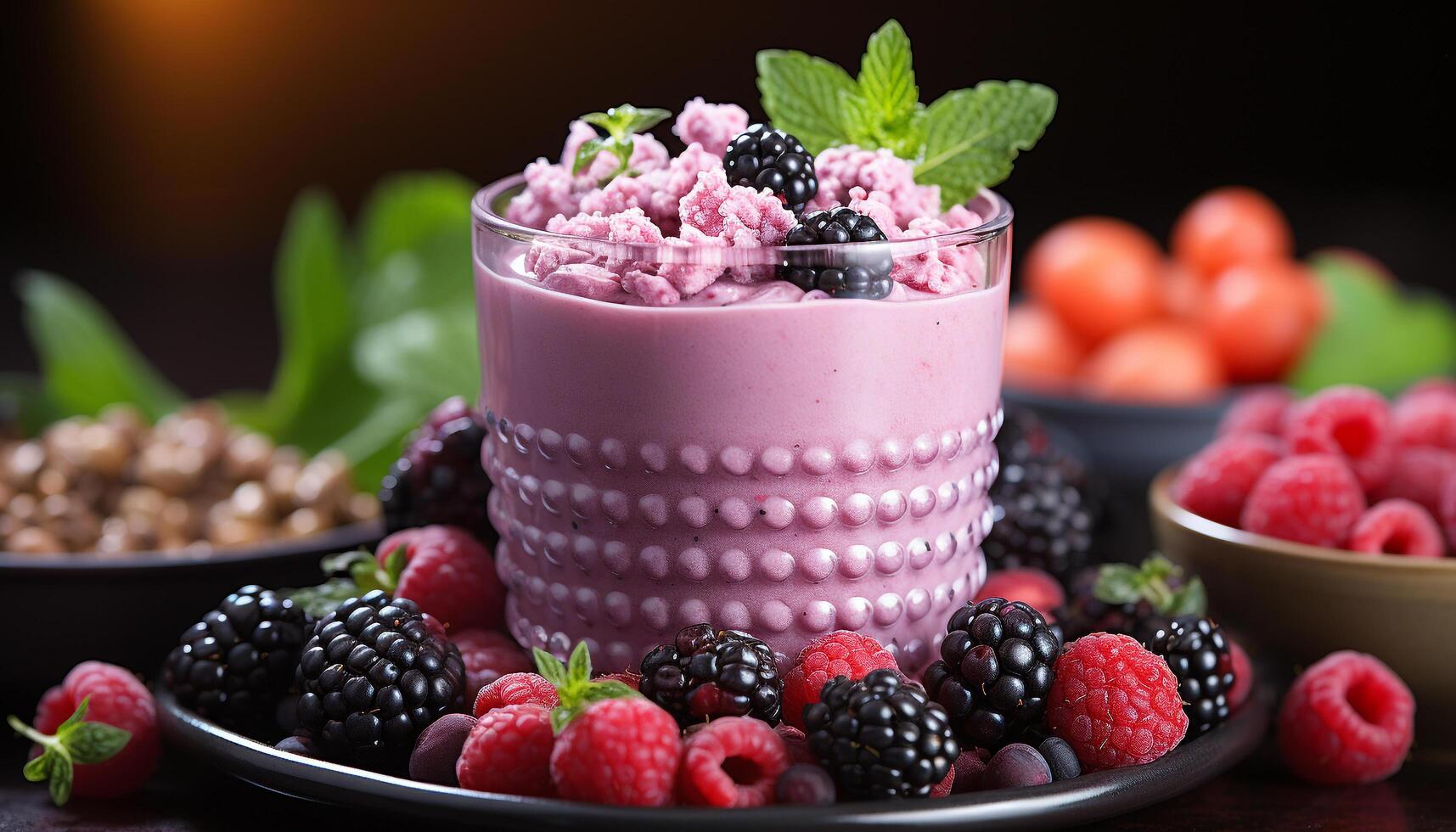 AI generated Freshness in a bowl Raspberry, blueberry, strawberry, blackberry, mint leaf generated by AI photo
