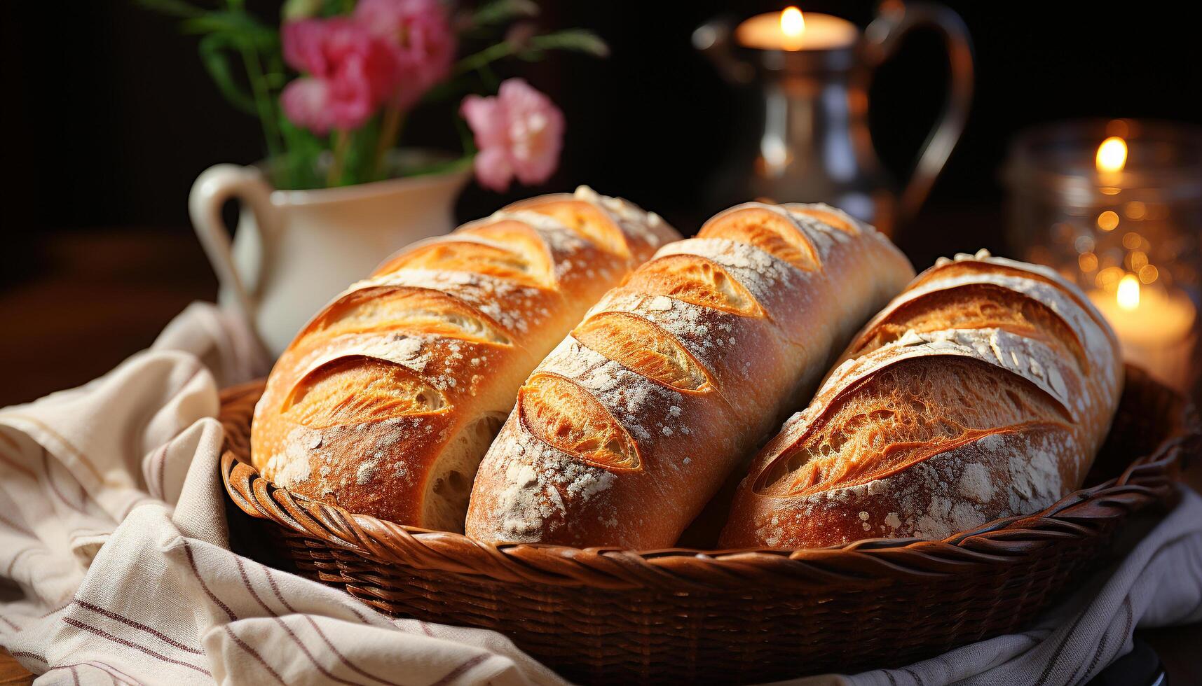 AI generated Freshly baked homemade bread on rustic wooden table generated by AI photo