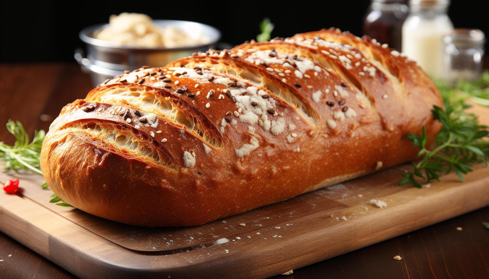 ai generado recién horneado hecho en casa ciabatta un pan en de madera mesa generado por ai foto