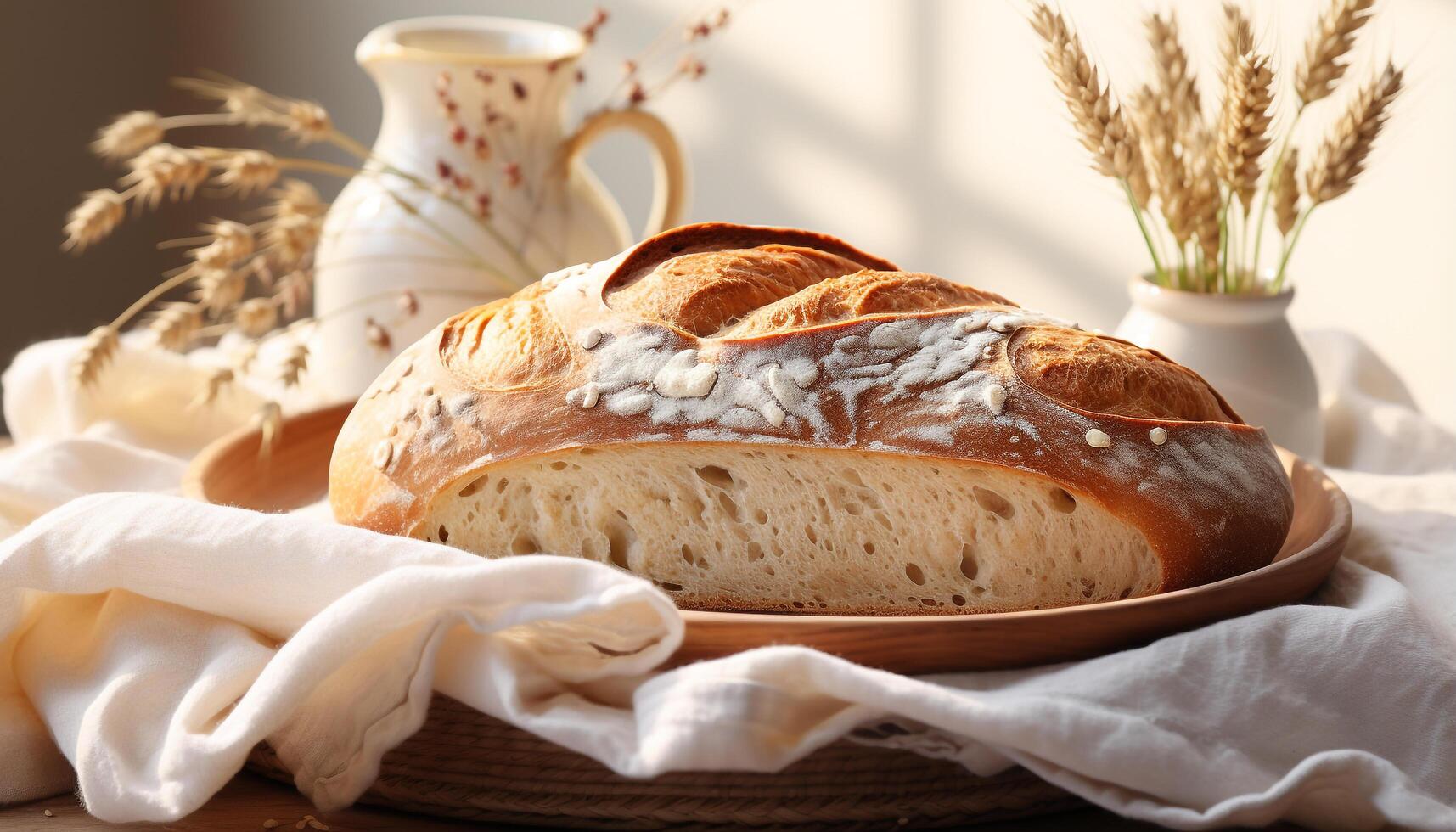 AI generated Freshly baked bread on wooden table, a gourmet delight generated by AI photo