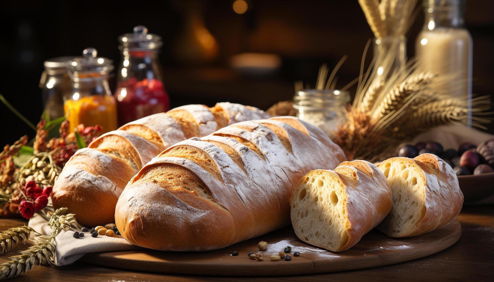 AI generated Freshly baked homemade ciabatta bread on wooden table generated by AI photo