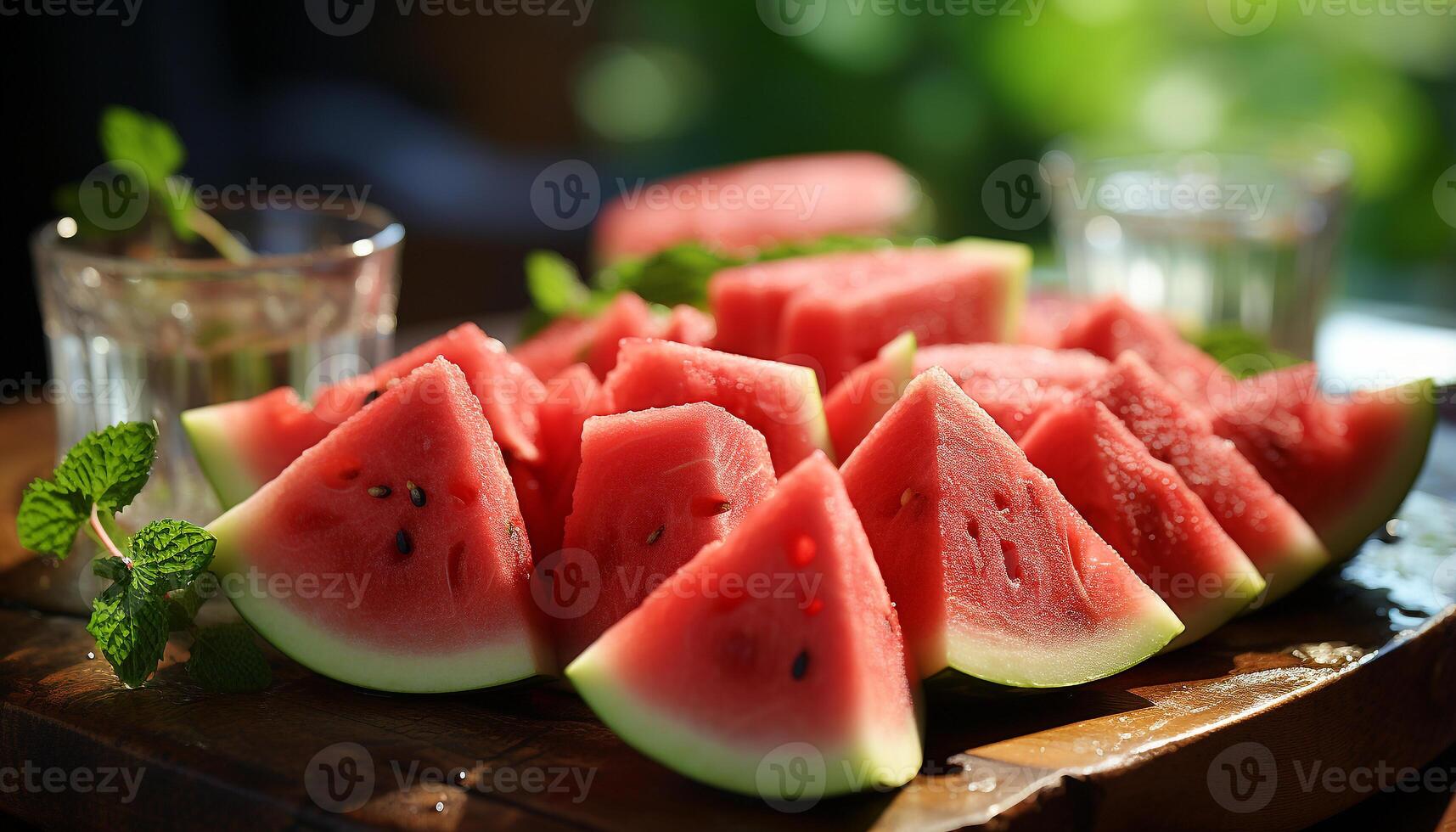 AI generated Freshness of summer watermelon slice, nature sweet, juicy refreshment generated by AI photo