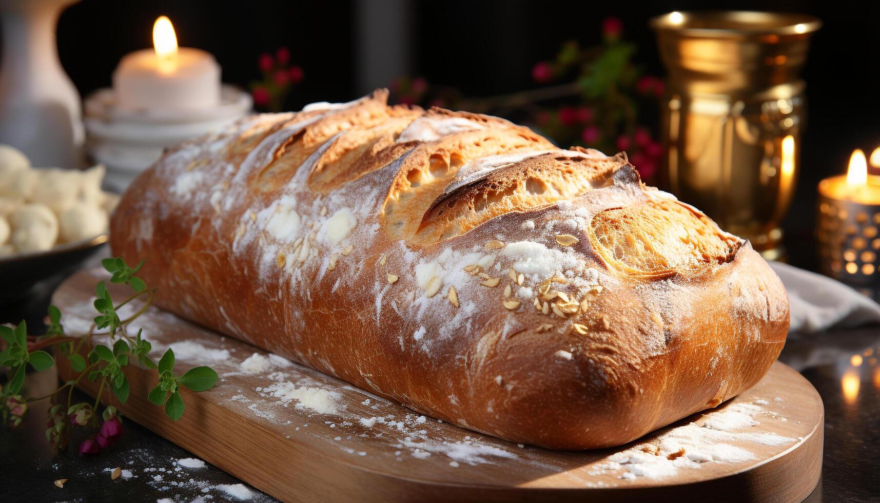 AI generated Freshly baked homemade bread on wooden table, ready to eat generated by AI photo