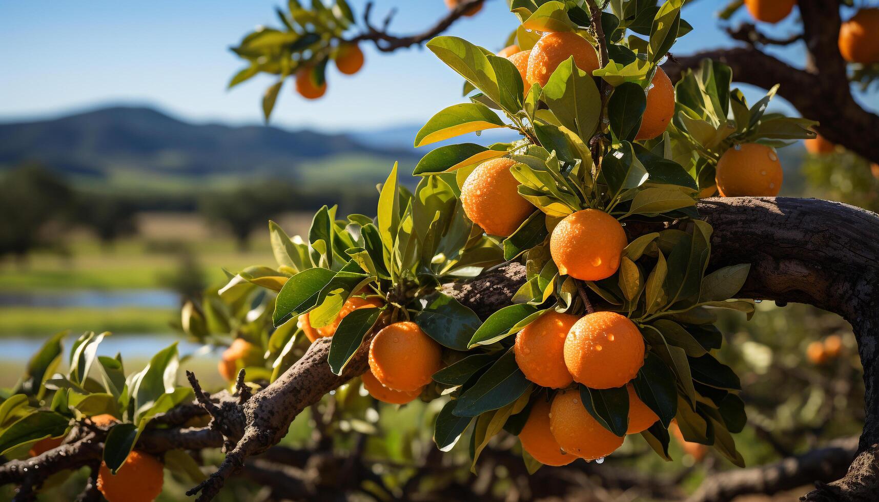 AI generated Fresh citrus fruit on a green tree, nature healthy refreshment generated by AI photo