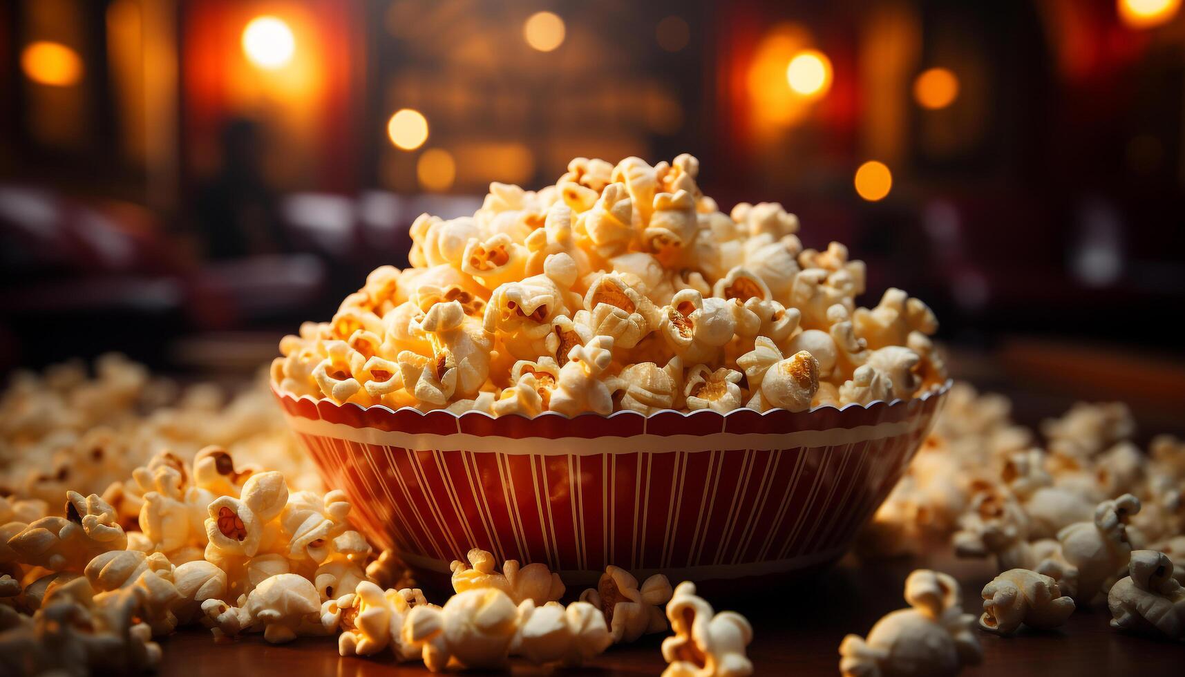 AI generated Fresh popcorn in a yellow bowl, perfect movie snack generated by AI photo