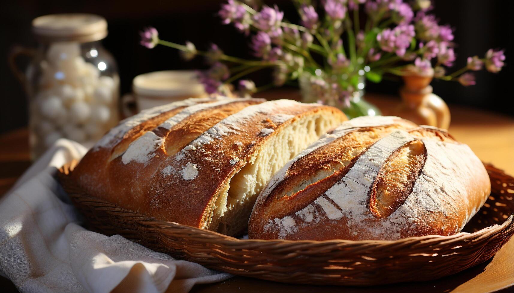 AI generated Freshly baked bread on rustic wooden table, a gourmet delight generated by AI photo