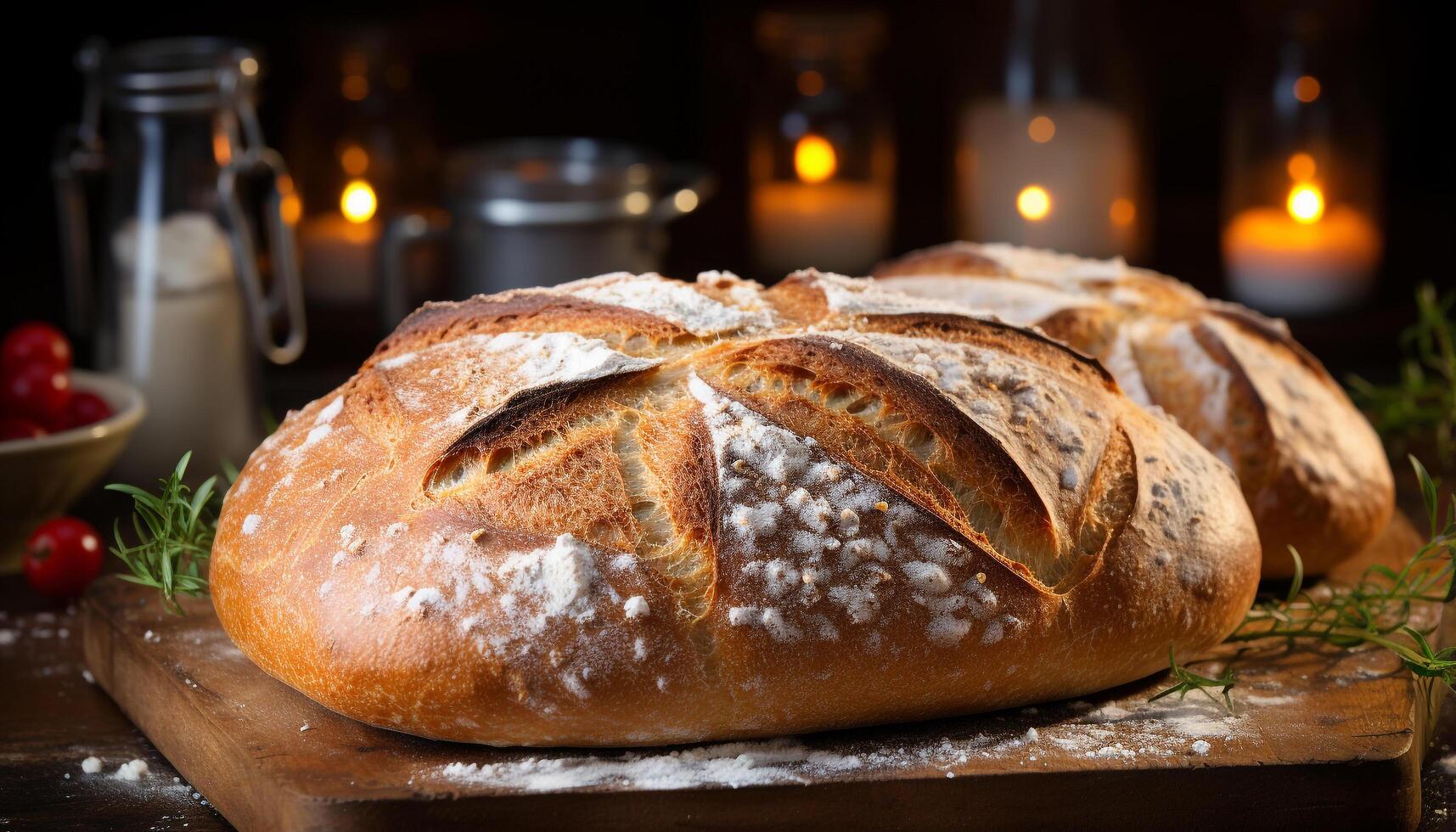 AI generated Freshly baked homemade ciabatta on rustic wooden table generated by AI photo