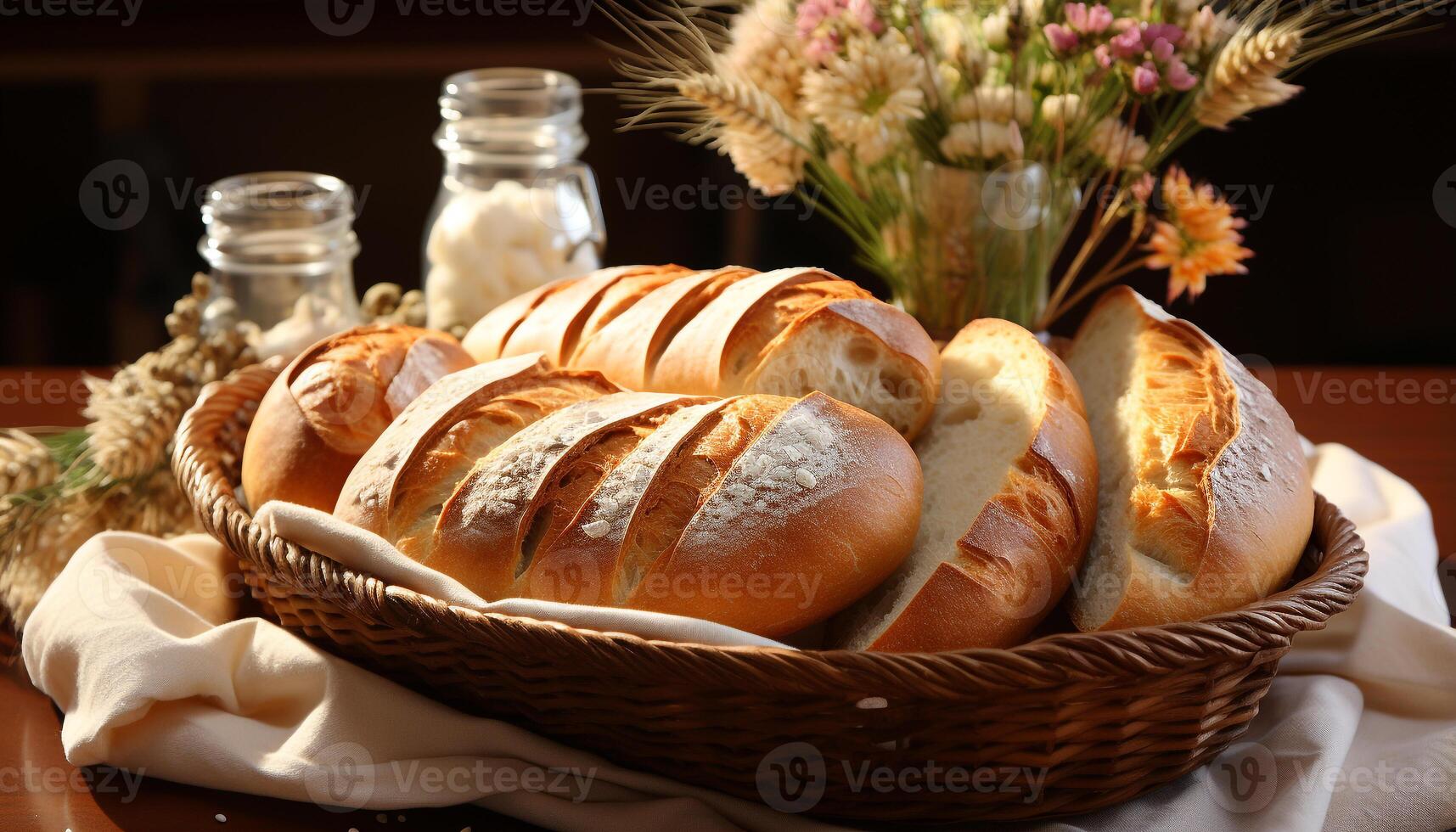 AI generated Freshly baked homemade bread on rustic wooden table generated by AI photo