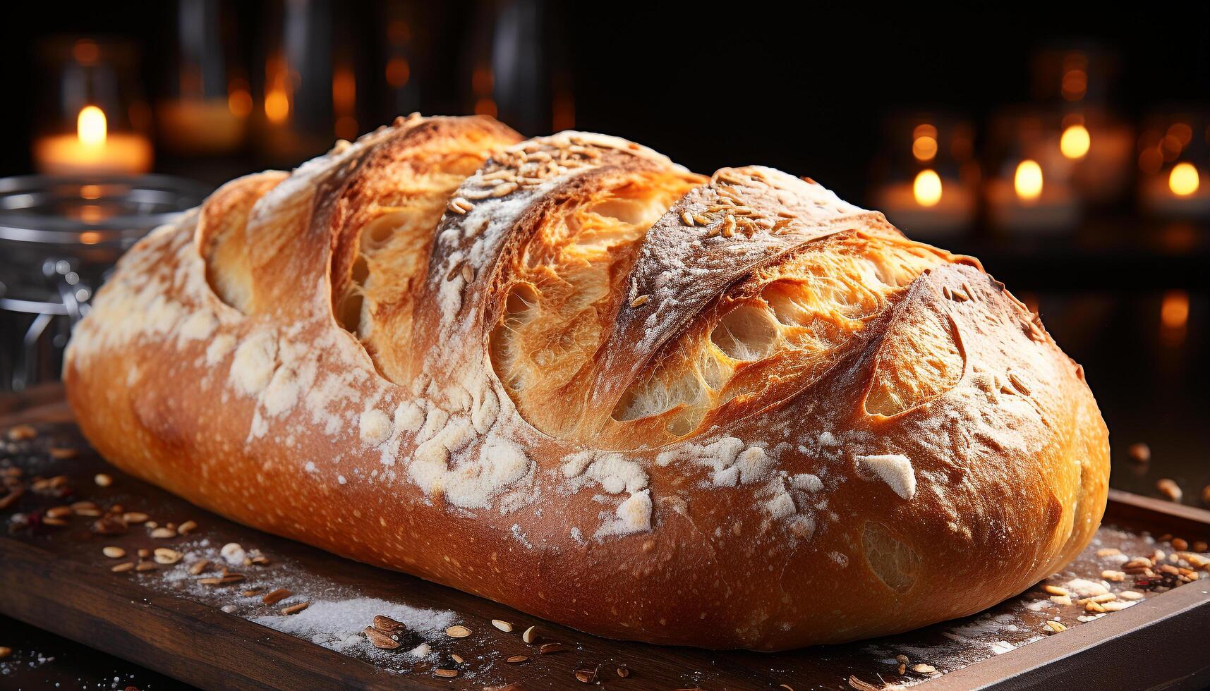 AI generated Freshly baked bread on rustic table, ready to eat gourmet meal generated by AI photo