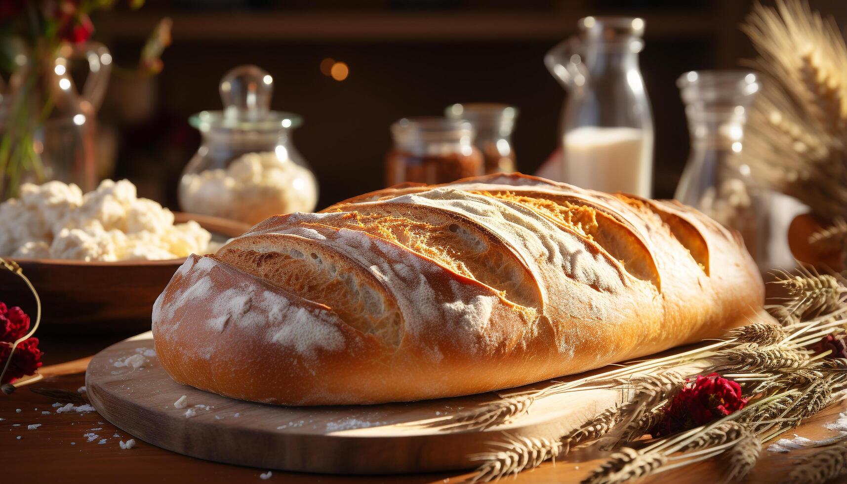 AI generated Freshly baked homemade bread on rustic wooden table generated by AI photo