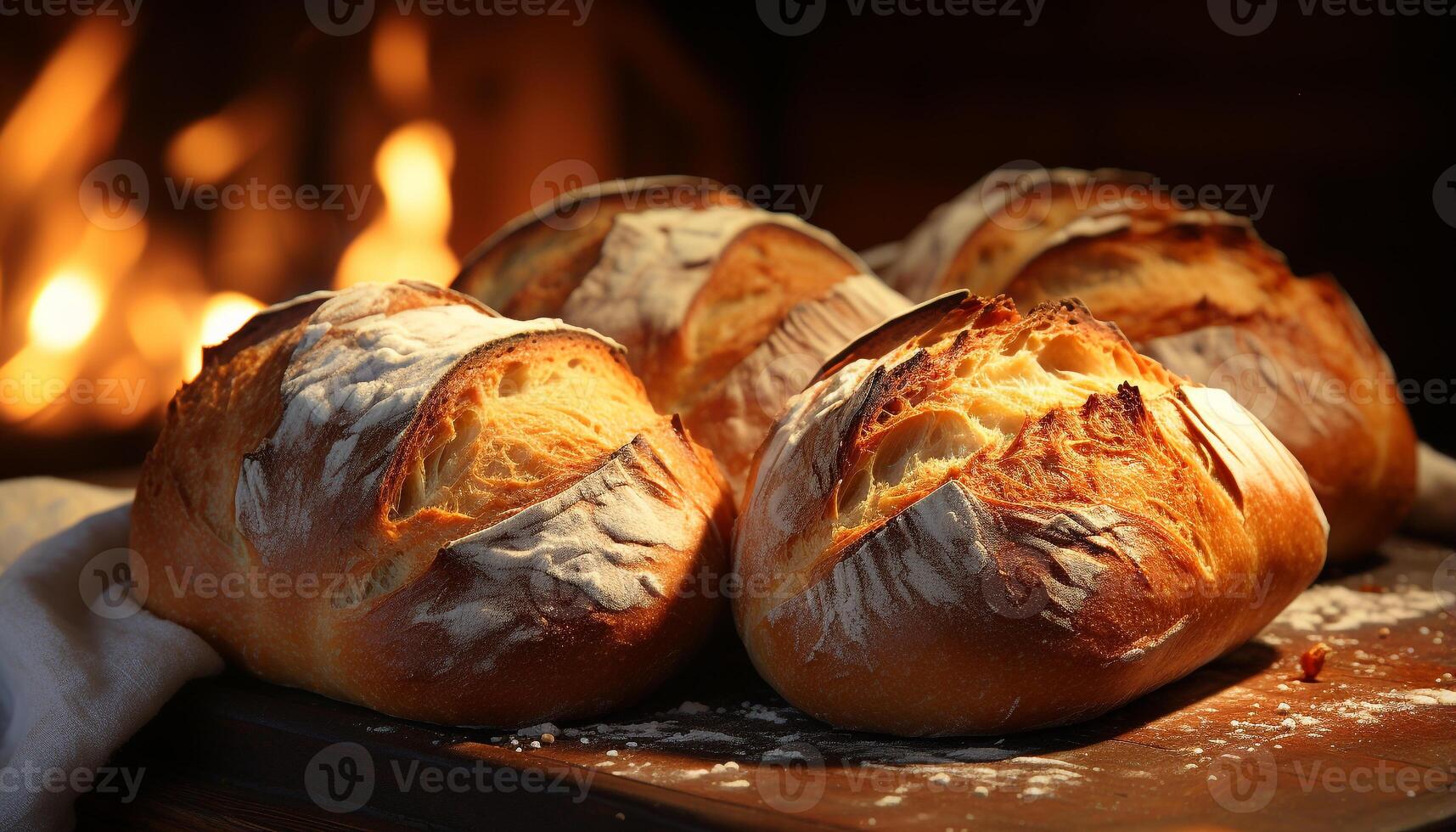 AI generated Freshly baked bread on a rustic wooden table, ready to eat generated by AI photo